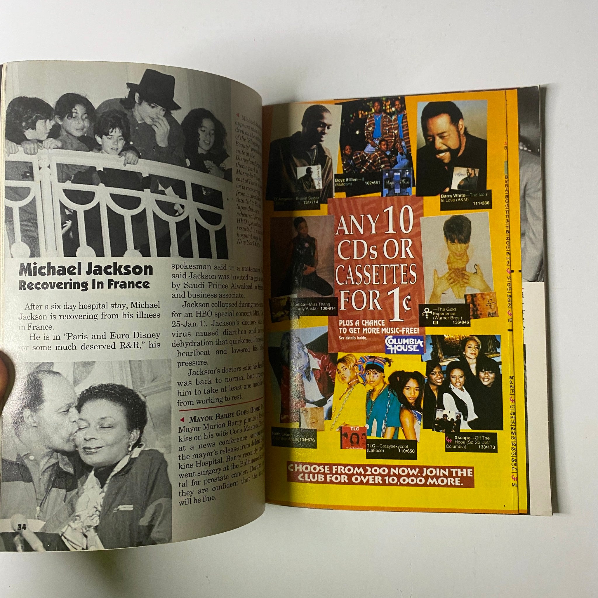 Image from Jet Magazine January 8, 1996 featuring an article about Michael Jackson recovering in France, alongside an advertisement for purchasing CDs or cassettes.