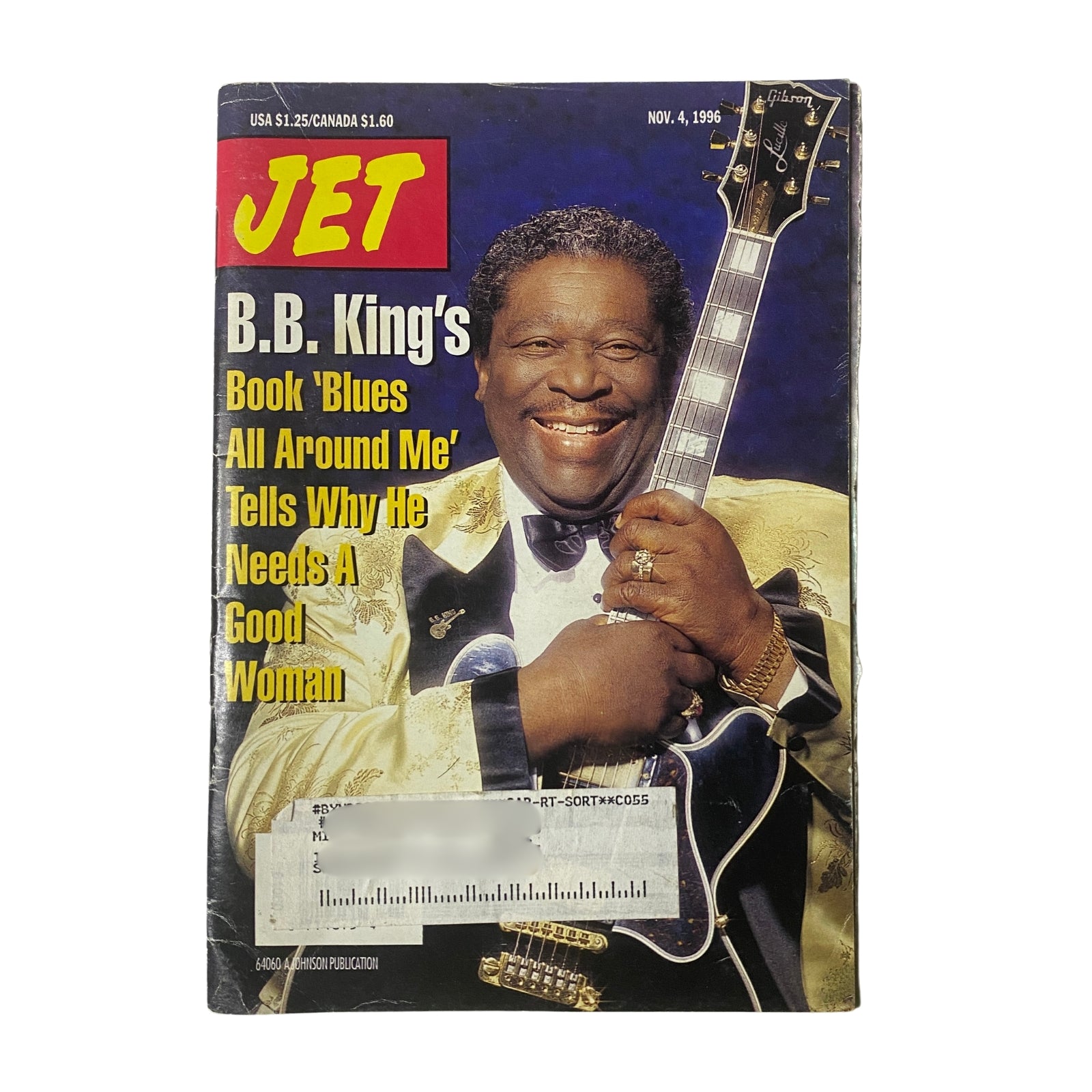 Cover of Jet Magazine, November 4, 1996, featuring B.B. King with his guitar, promoting his book 'Blues All Around Me'.