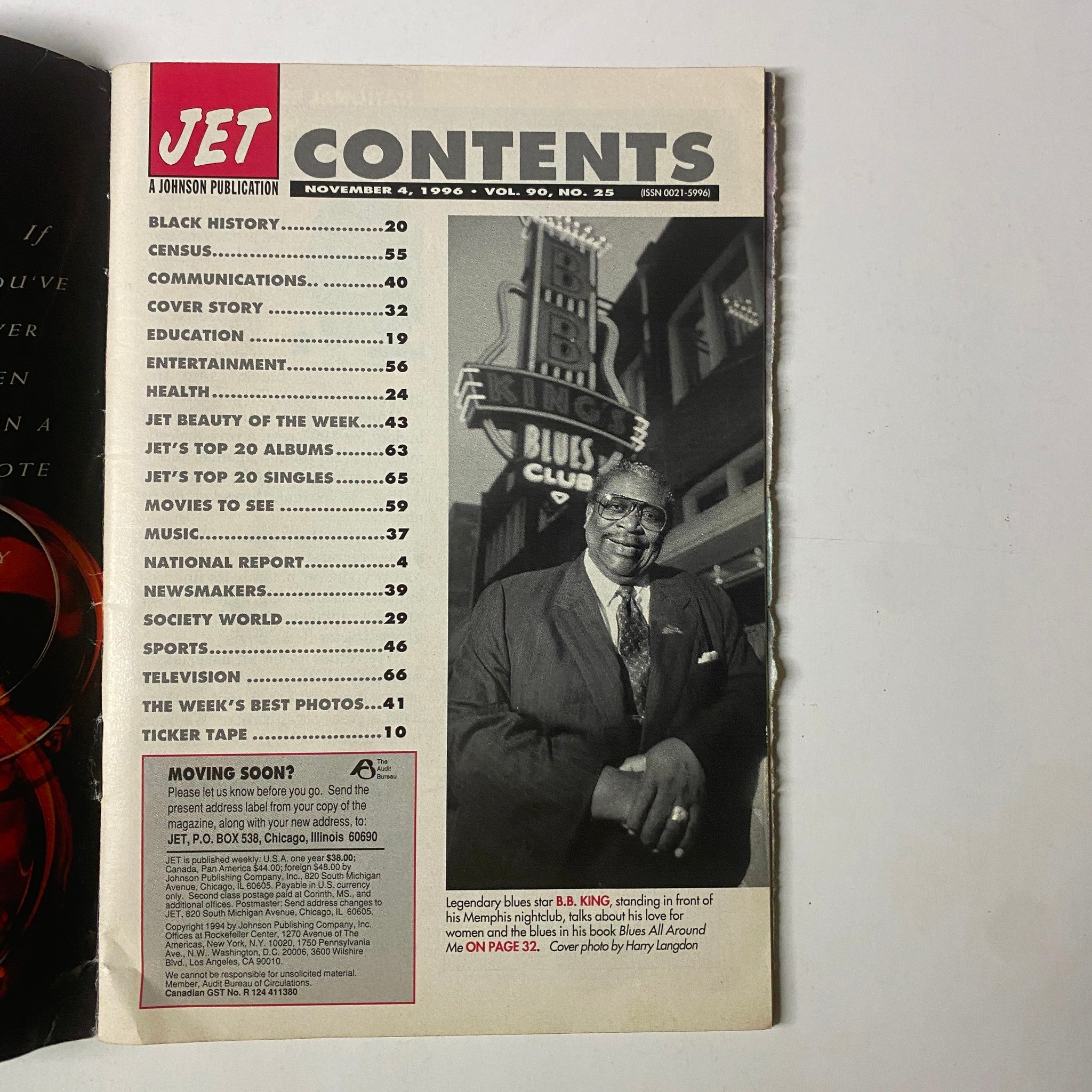 Contents page of Jet Magazine, November 4, 1996, highlighting the features including B.B. King and various cultural topics.