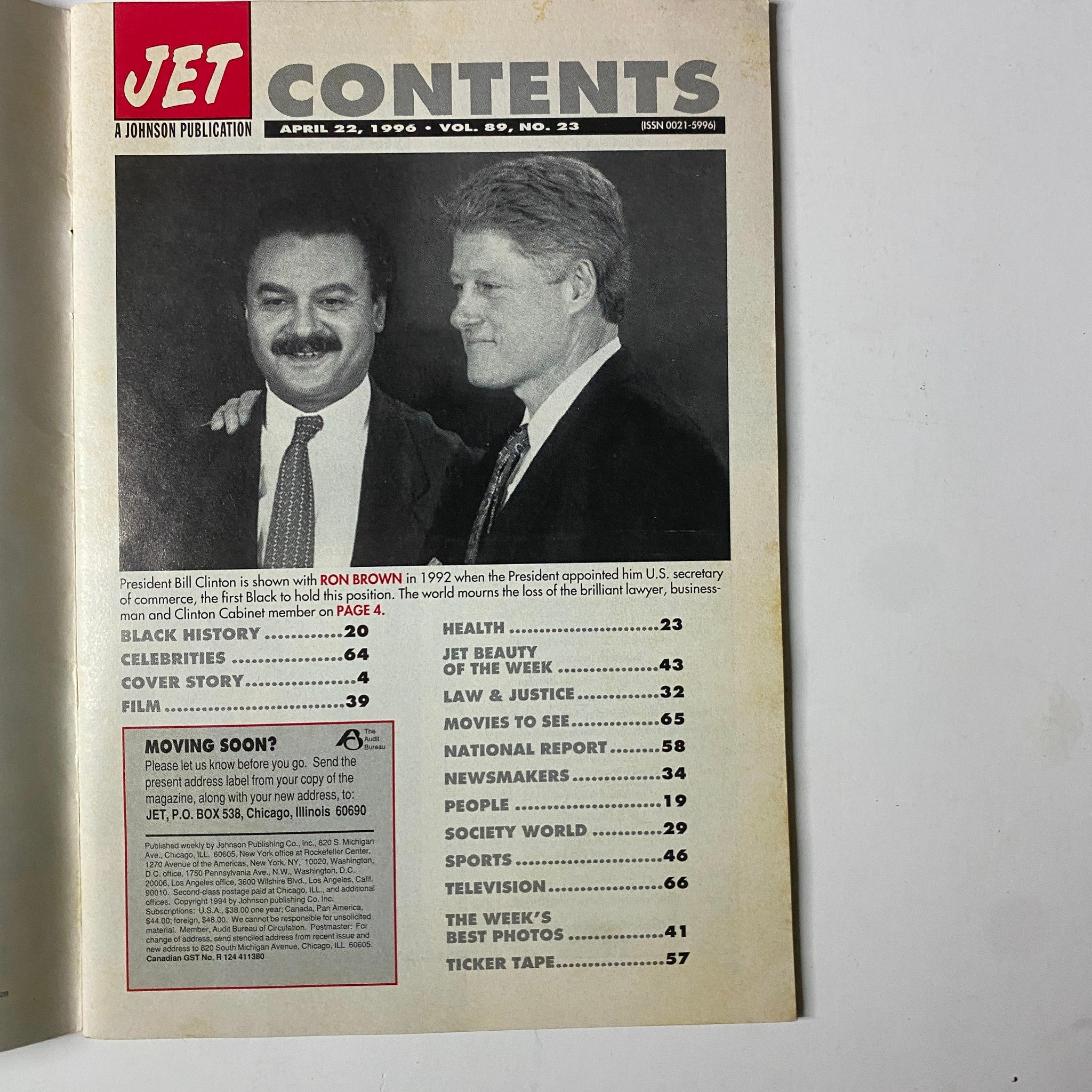 Contents page of Jet Magazine April 22, 1996 Vol. 89, No. 23 outlining features including the cover story on Ronald H. Brown, celebrities, and Black history.