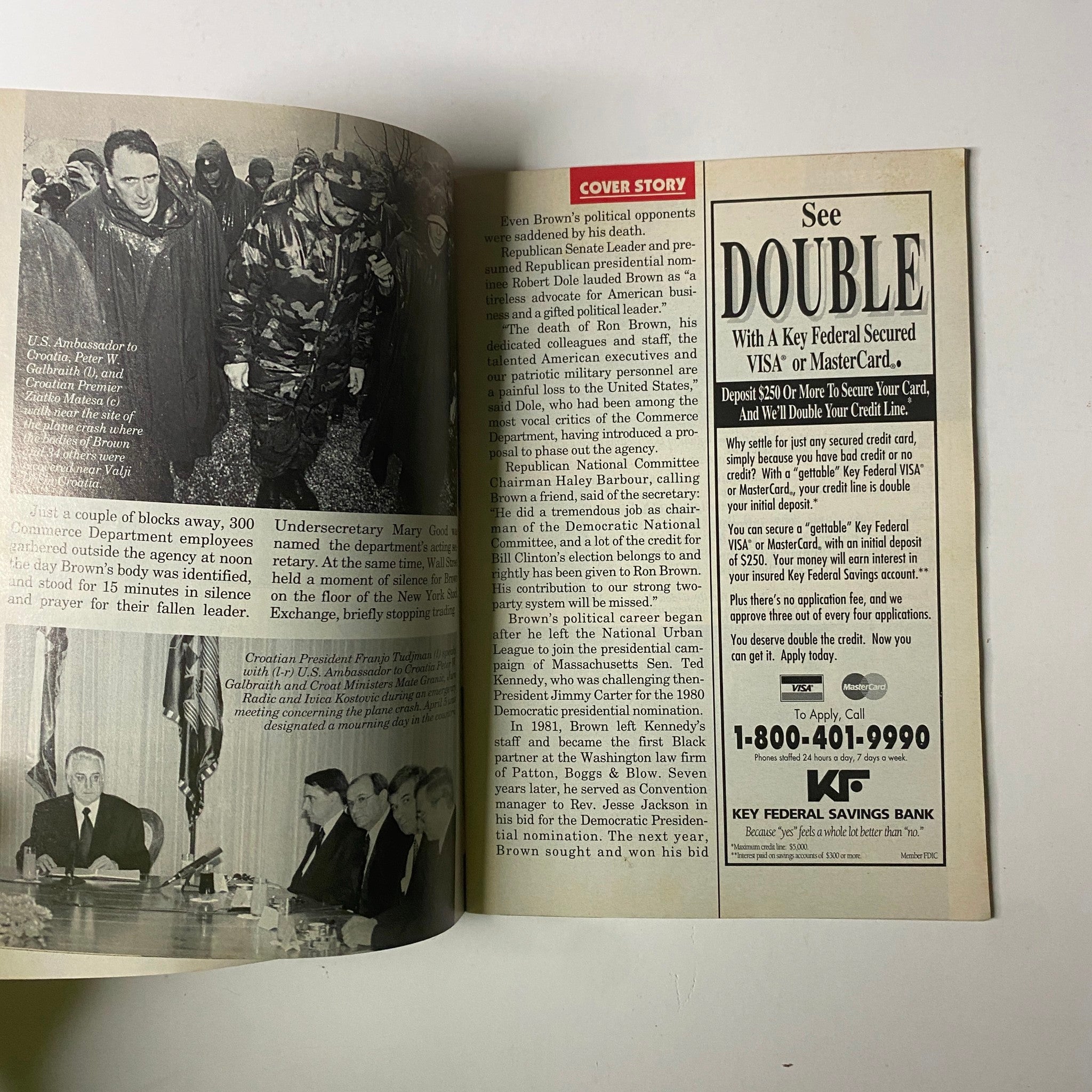 An interior page from Jet Magazine April 22, 1996 Vol. 89, No. 23 showing the cover story about Ronald H. Brown and images from his political career.
