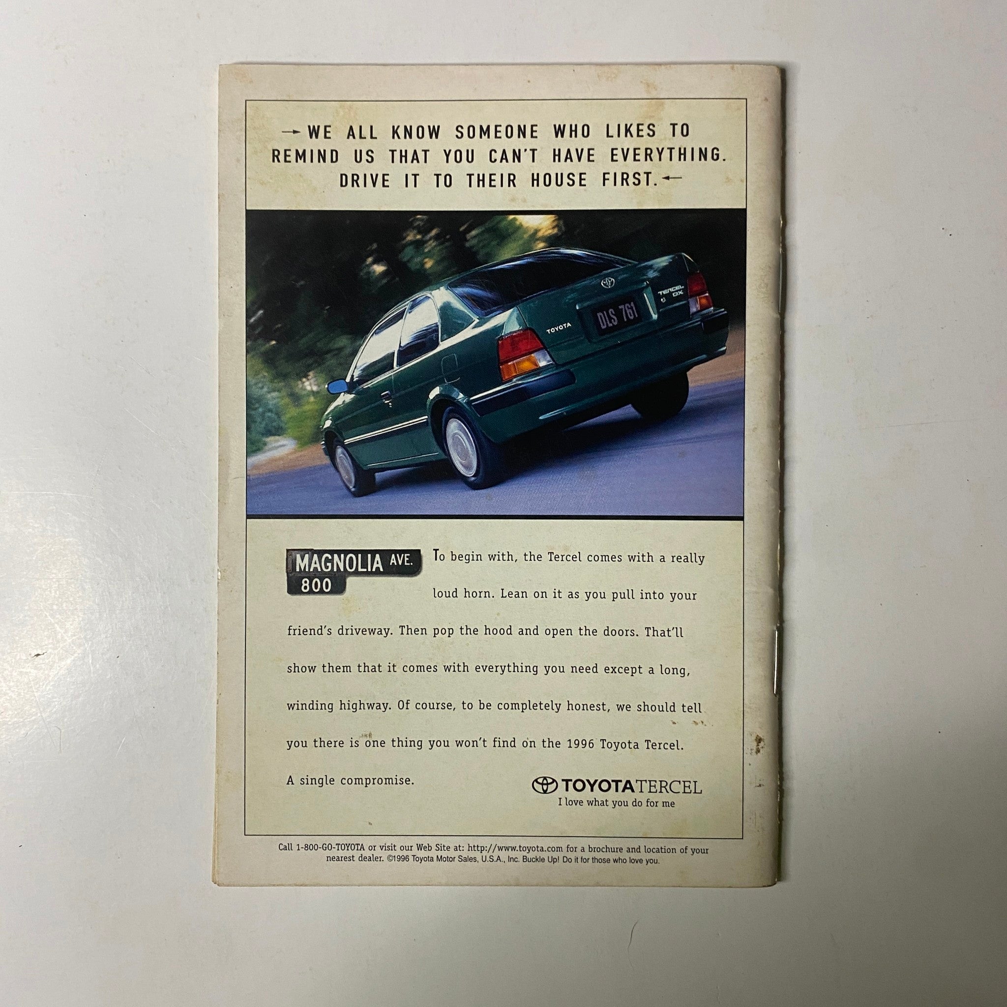 Back cover of Jet Magazine April 22, 1996 Vol. 89, No. 23 featuring a Toyota Tercel advertisement.