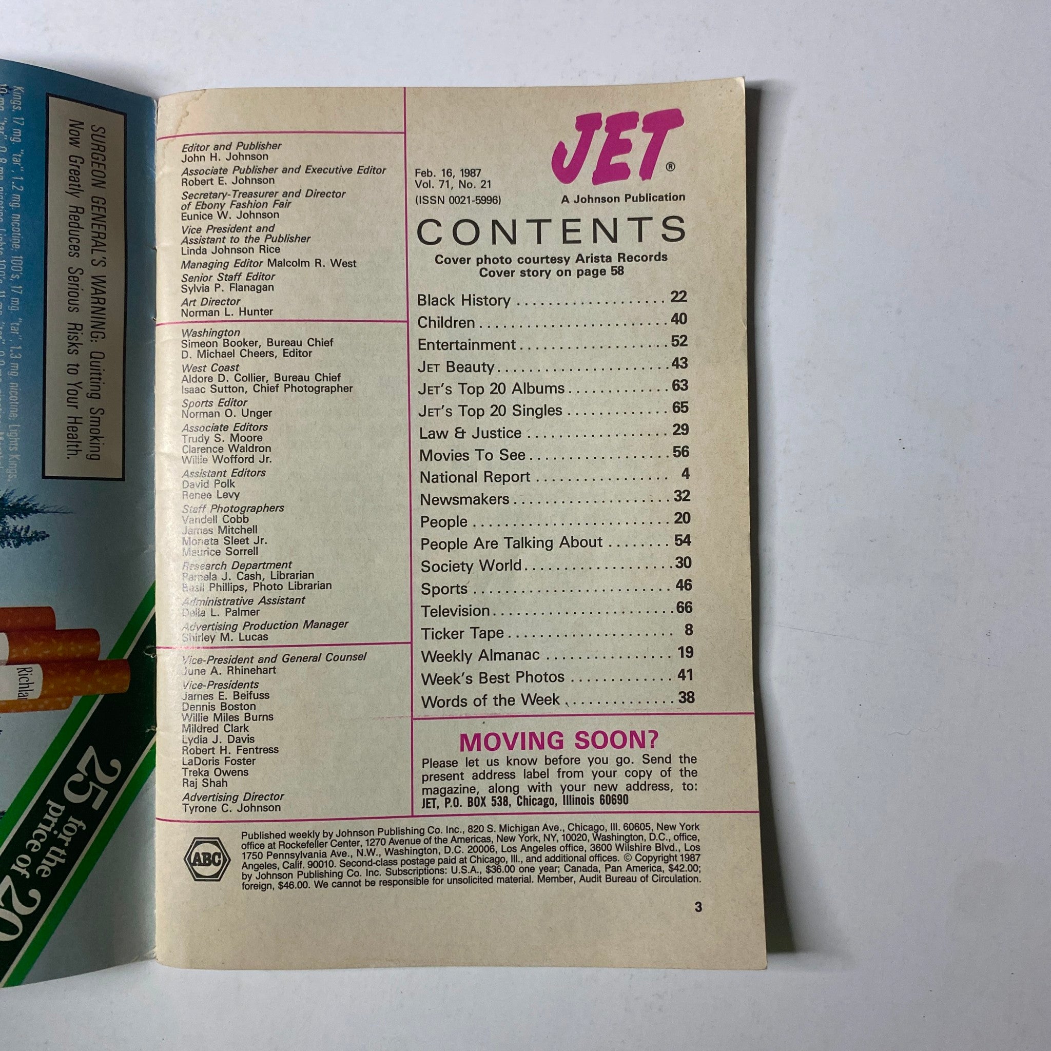 Table of contents page from Jet Magazine February 16, 1987, detailing features including Black History and Whitney Houston's cover story on page 58.