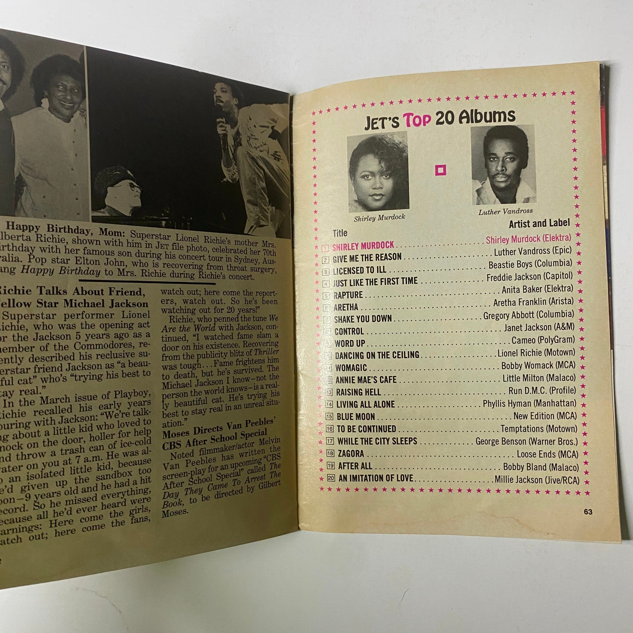 Jet Magazine February 16, 1987, page highlighting the top 20 albums in music at the time, including notable artists and their works.