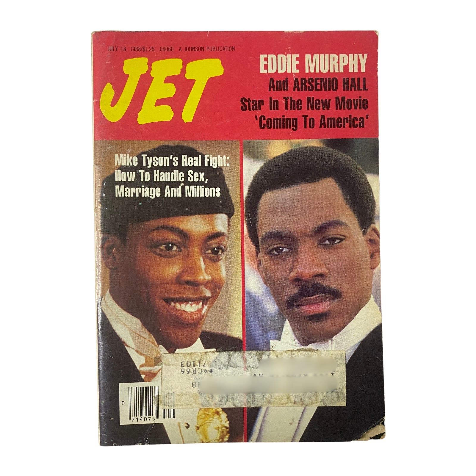 Jet Magazine July 18, 1988 Vol. 74, No. 16 featuring Eddie Murphy and Arsenio Hall on the cover, highlighting their movie 'Coming to America'. Good condition with light edge wear. Perfect for collectors of 1980s Black pop culture.