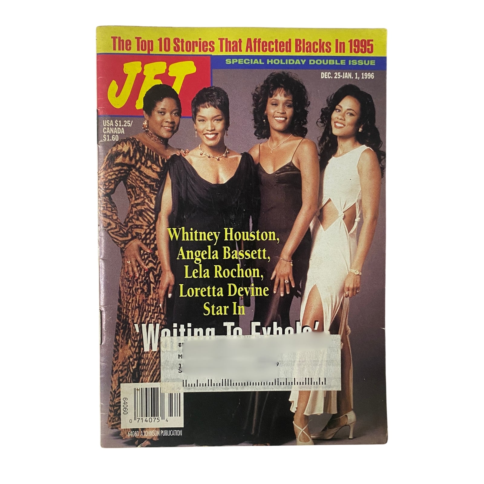 Jet Magazine cover from December 25, 1995 to January 1, 1996 featuring Whitney Houston, Angela Bassett, Lela Rochon, and Loretta Devine, highlighting the film 'Waiting to Exhale'.