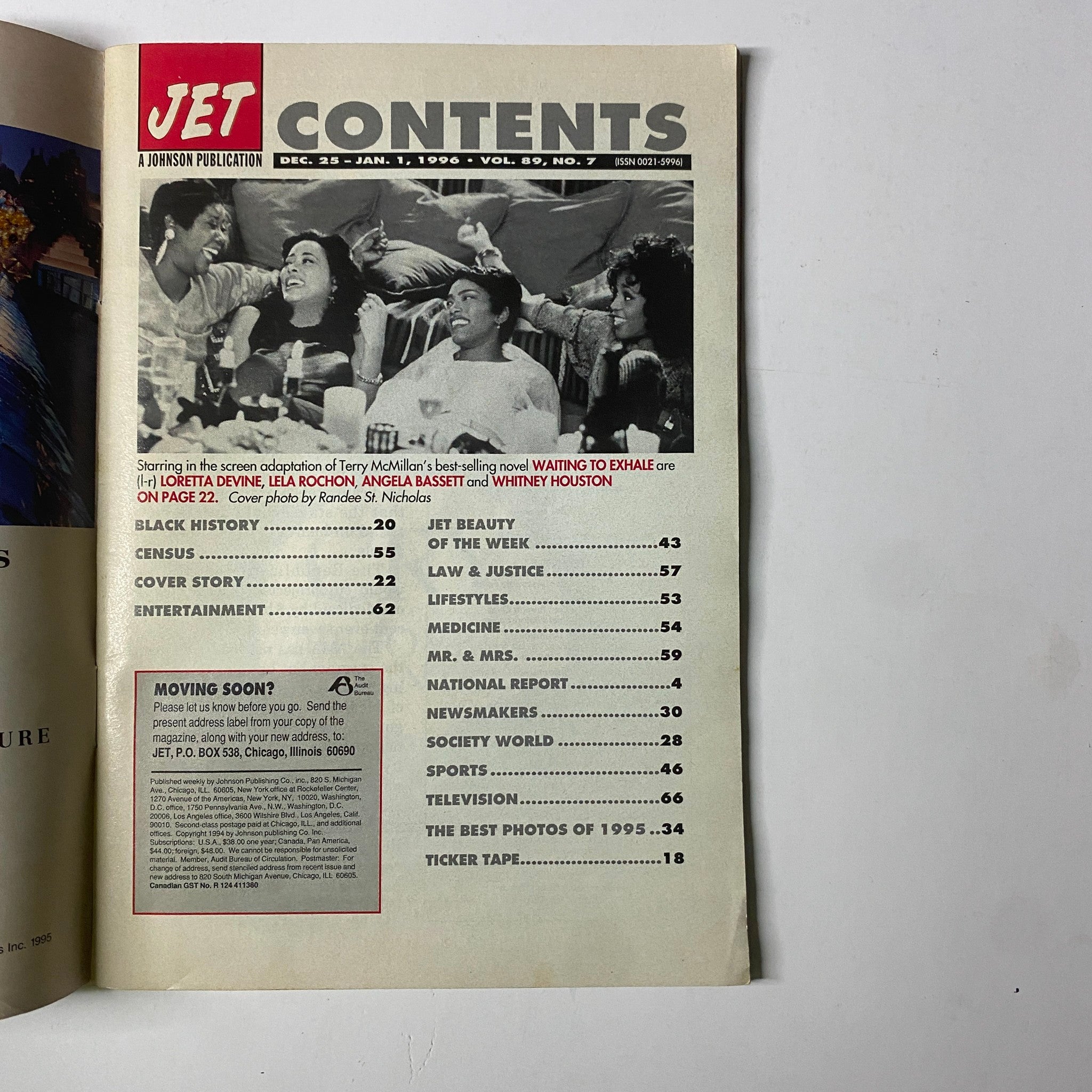 Jet Magazine December 25, 1995 - January 1, 1996 featuring the contents page with highlights on Whitney Houston and Angela Bassett along with movie details from "Waiting to Exhale".