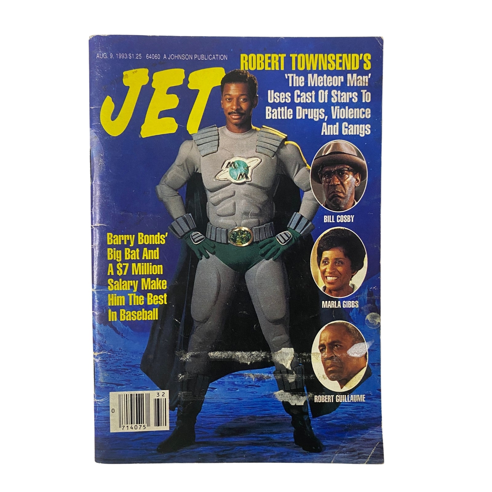 Cover of Jet Magazine, August 9, 1993, Vol. 84, No. 15 featuring Robert Townsend in superhero costume, with Bill Cosby, Marla Gibbs, and Robert Guillaume shown, highlighting Black entertainment from the early 90s.