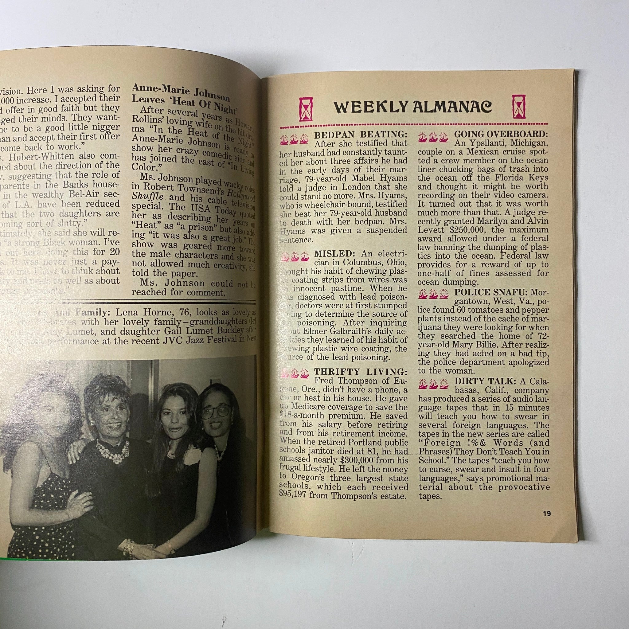 Inside page of Jet Magazine August 9, 1993, featuring the Weekly Almanac section with notable events and a group photo of friends, Vol. 84, No. 15, with Robert Townsend and Bill Cosby on the cover.