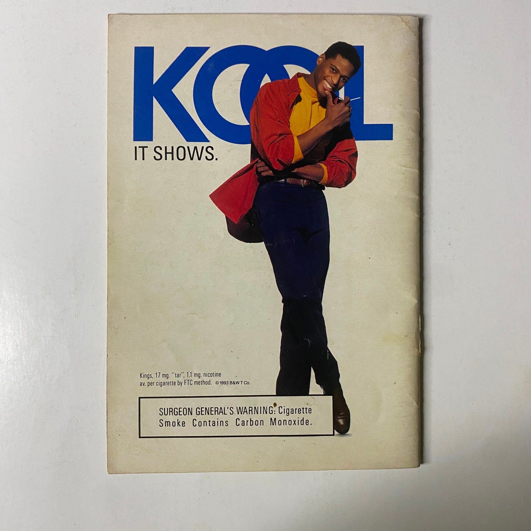Cover advertisement for Kool cigarettes from Jet Magazine August 9, 1993, Vol. 84, No. 15, showcasing a man posing casually, highlighting the product's branding.