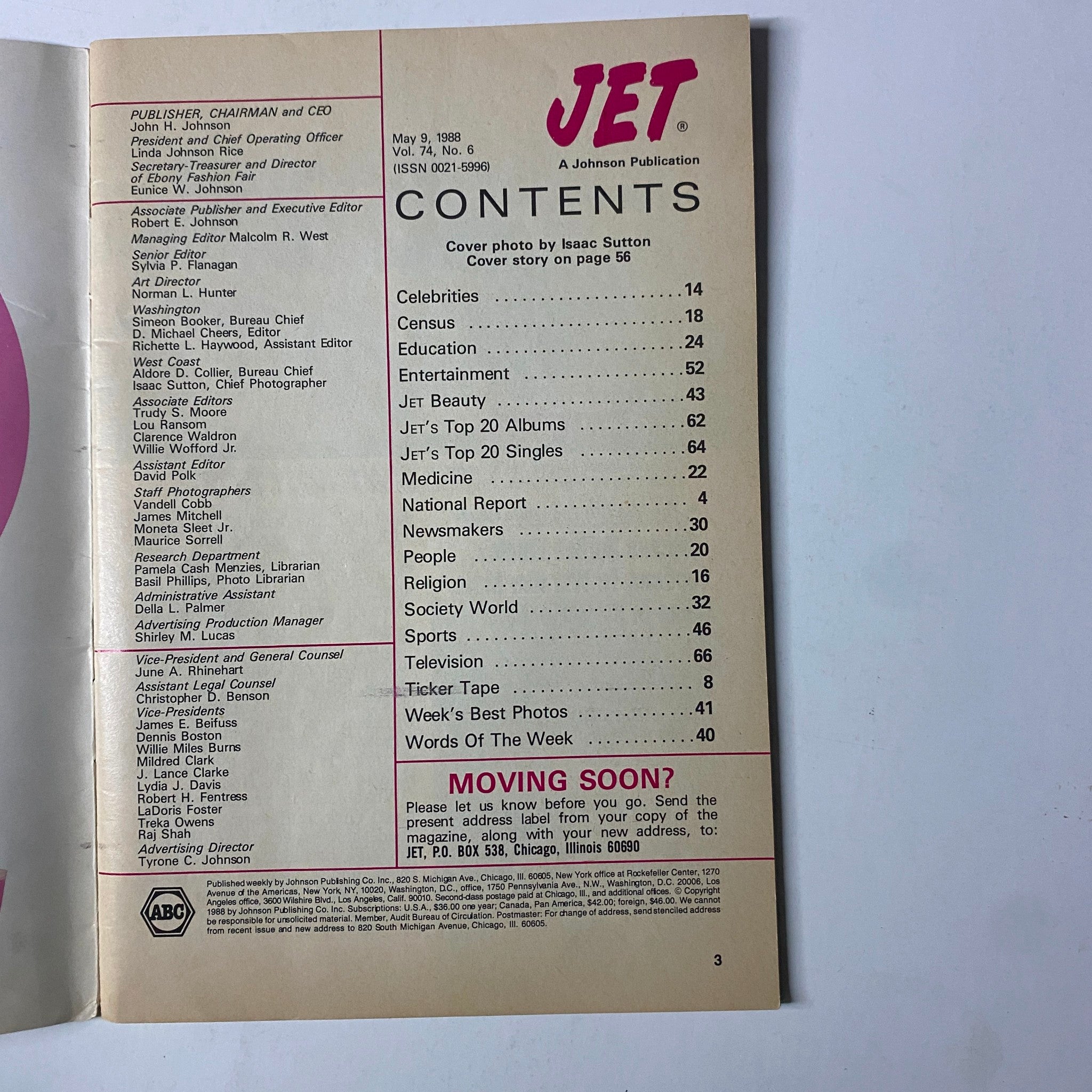 Contents page of Jet Magazine, May 9, 1988. Highlights include articles on celebrities, education, entertainment, and more. Vol. 74, No. 6.