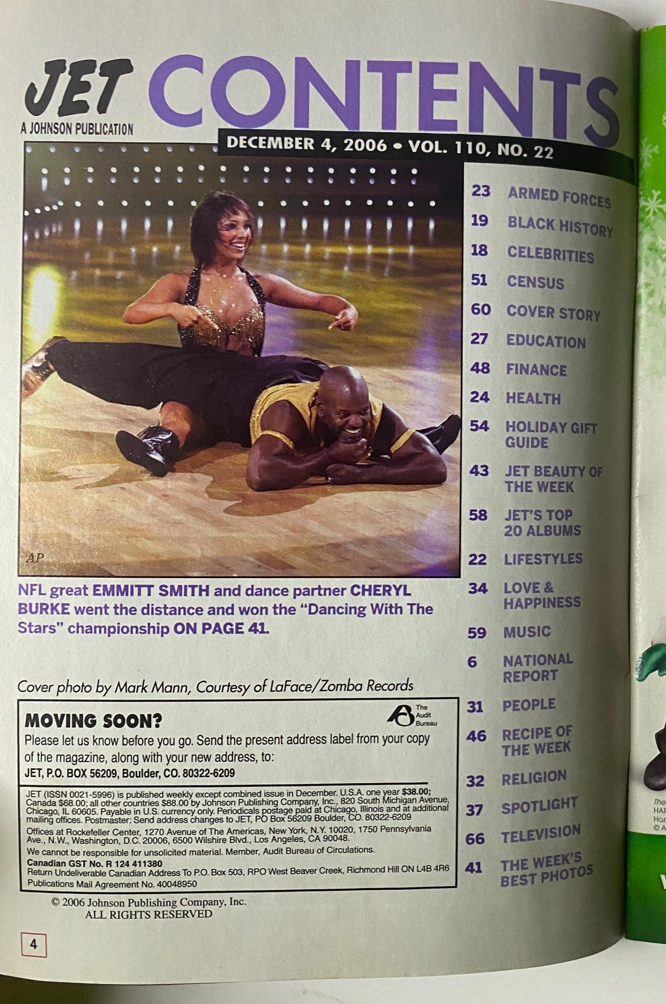 Contents page from Jet Magazine December 4, 2006 Vol. 110, No. 22, detailing articles including a feature on Emmitt Smith and Cheryl Burke's victory on 'Dancing With The Stars'.