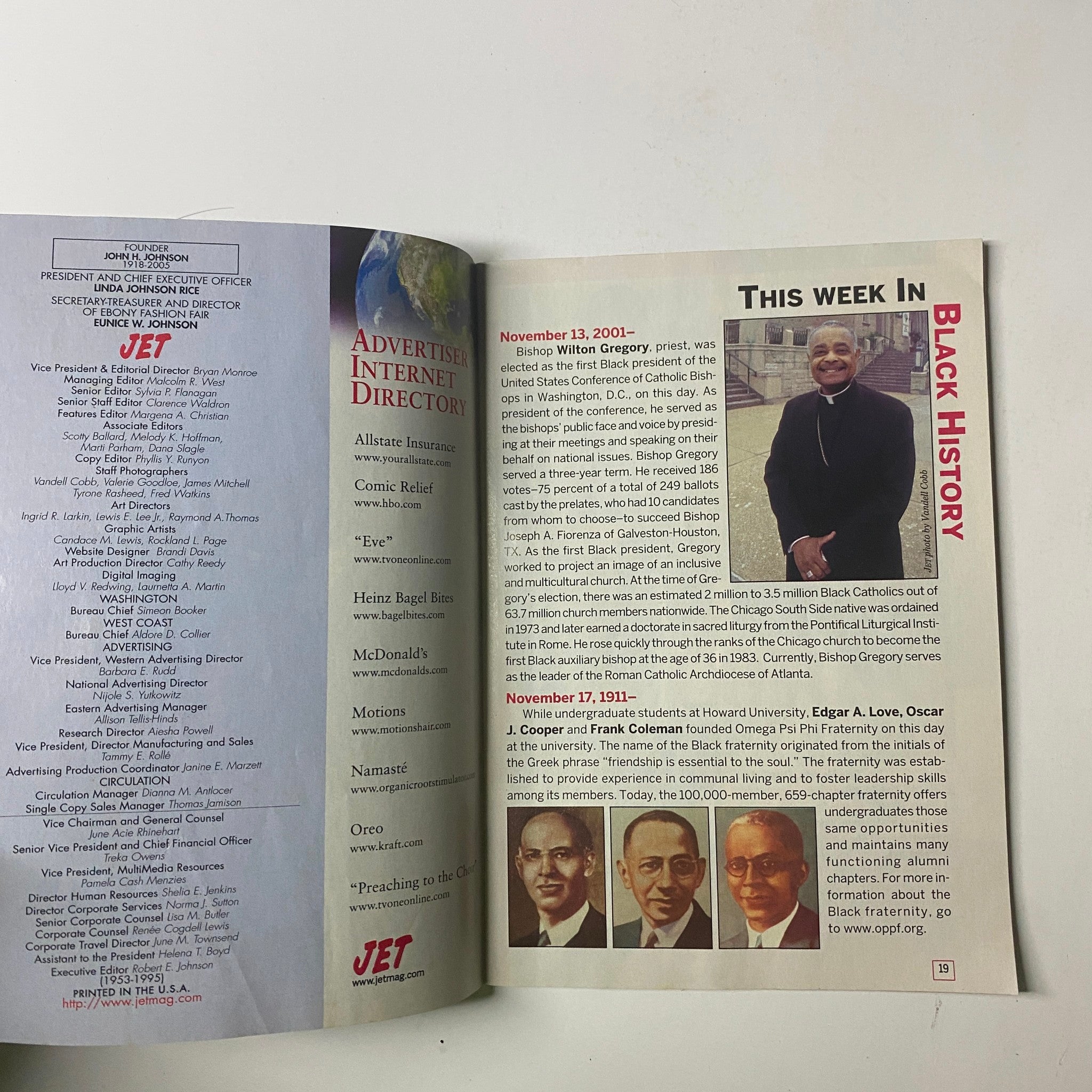 This Week in Black History feature from Jet Magazine, November 20, 2006, Vol. 110, No. 20. This page highlights significant events and figures in Black history.