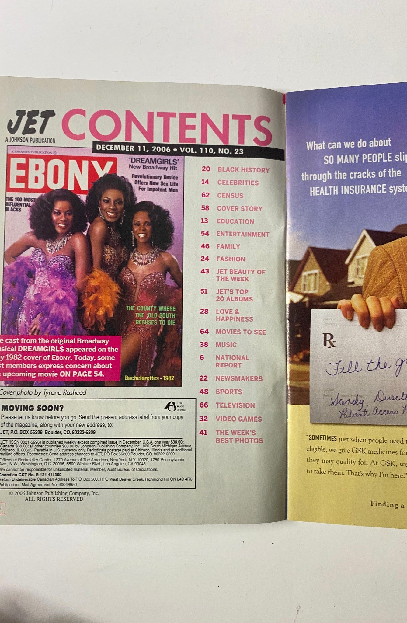 Contents page of Jet Magazine December 11, 2006, Vol. 110, No. 23 featuring highlights from the issue including ‘Dreamgirls’, Black history, celebrities, and entertainment.