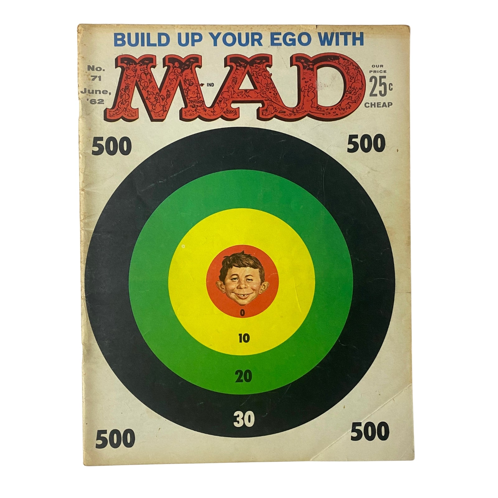 Cover of Mad Magazine June 1962 No. 71 featuring the title 'Build Up Your Ego with MAD' and featuring a colorful bullseye design with a caricature of a grinning boy. This issue is notable for its 'MAD Guide to Russia' content and is graded 4.0 Very Good.