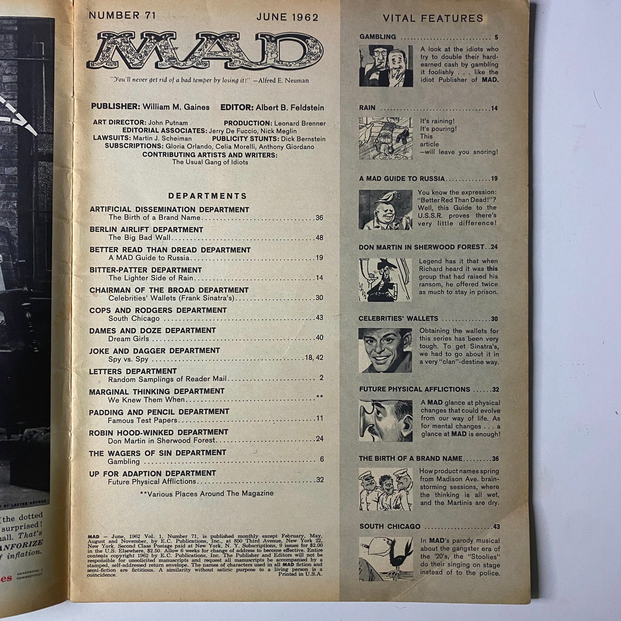 Interior page of Mad Magazine June 1962 No. 71 displaying the publication's vital features section. Includes listings of departments such as 'A MAD Guide to Russia', 'Celebrities' Wallets', and 'Future Physical Afflictions'. This page highlights the satirical content typical of MAD Magazine.