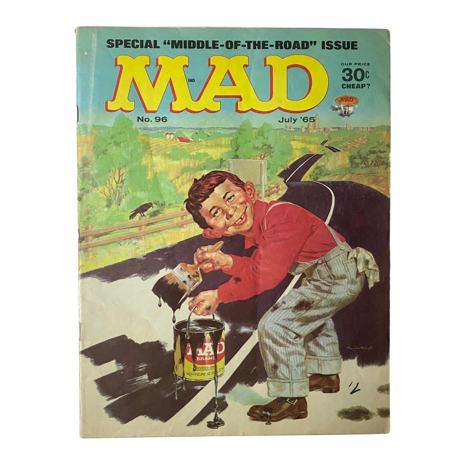 Cover of Mad Magazine July 1965 No. 96 Middle-of-the-Road Issue featuring a playful illustration of a boy painting a road, emphasizing humor and satire.