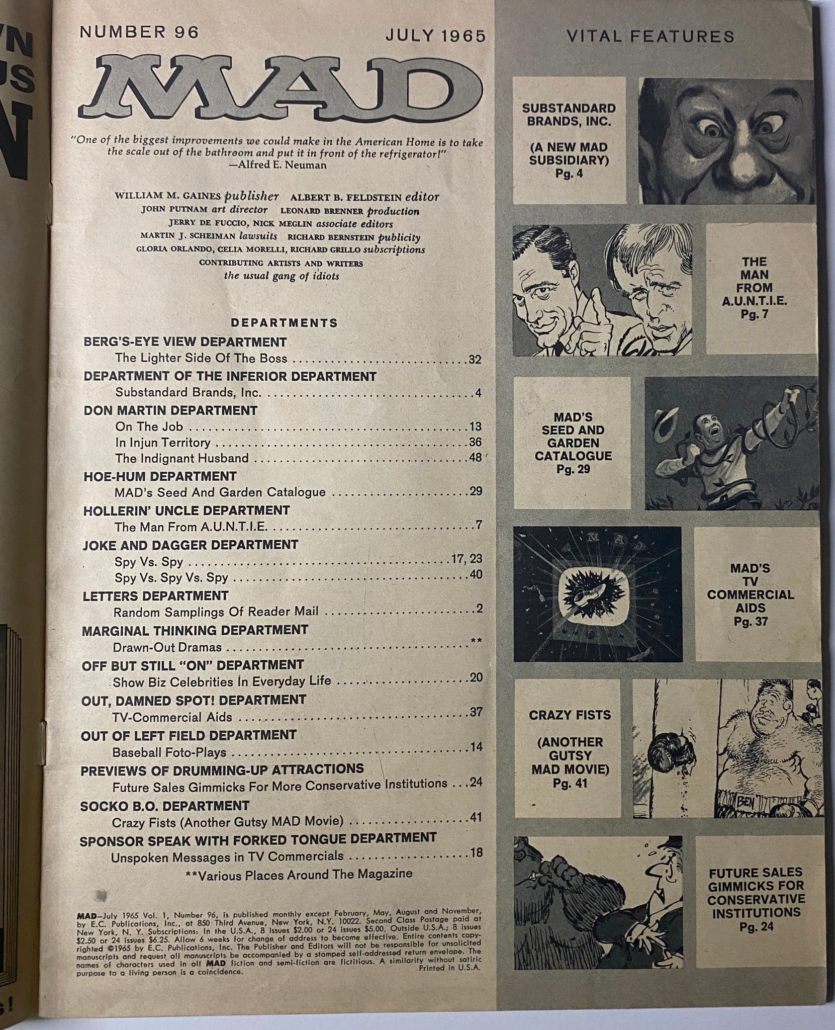 Contents page of Mad Magazine July 1965 No. 96 Middle-of-the-Road Issue, listing vital features and departments of the magazine including humorous parodies and sketches.