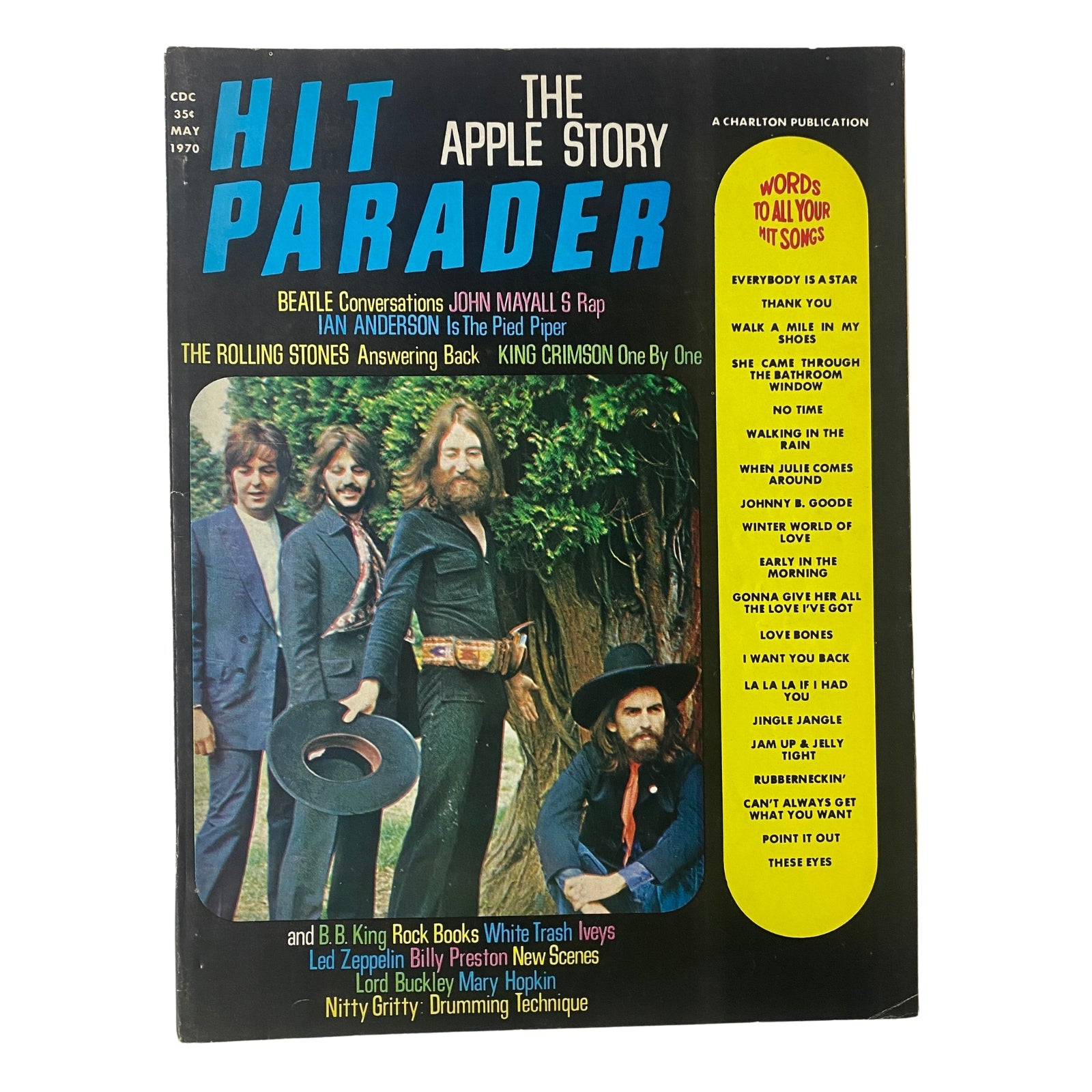 Hit Parader Magazine May 1970 featuring The Beatles on the cover, showcasing their music legacy during a pivotal time, with highlights like Beatle Conversations and iconic artist interviews.