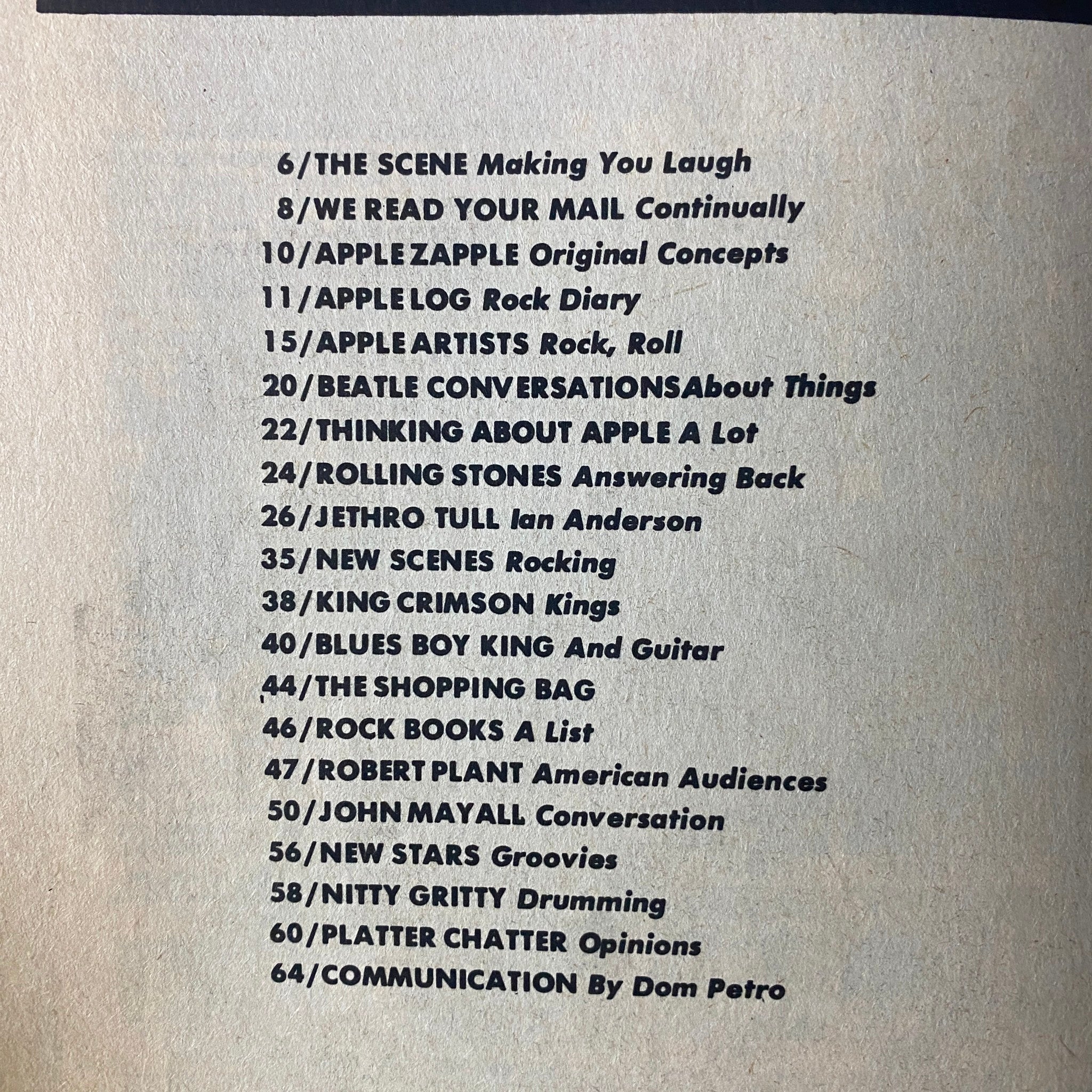 Table of contents from Hit Parader Magazine May 1970, detailing articles and features including The Scene, Apple Artists, Jethro Tull, and more, reflecting on the rock music scene.