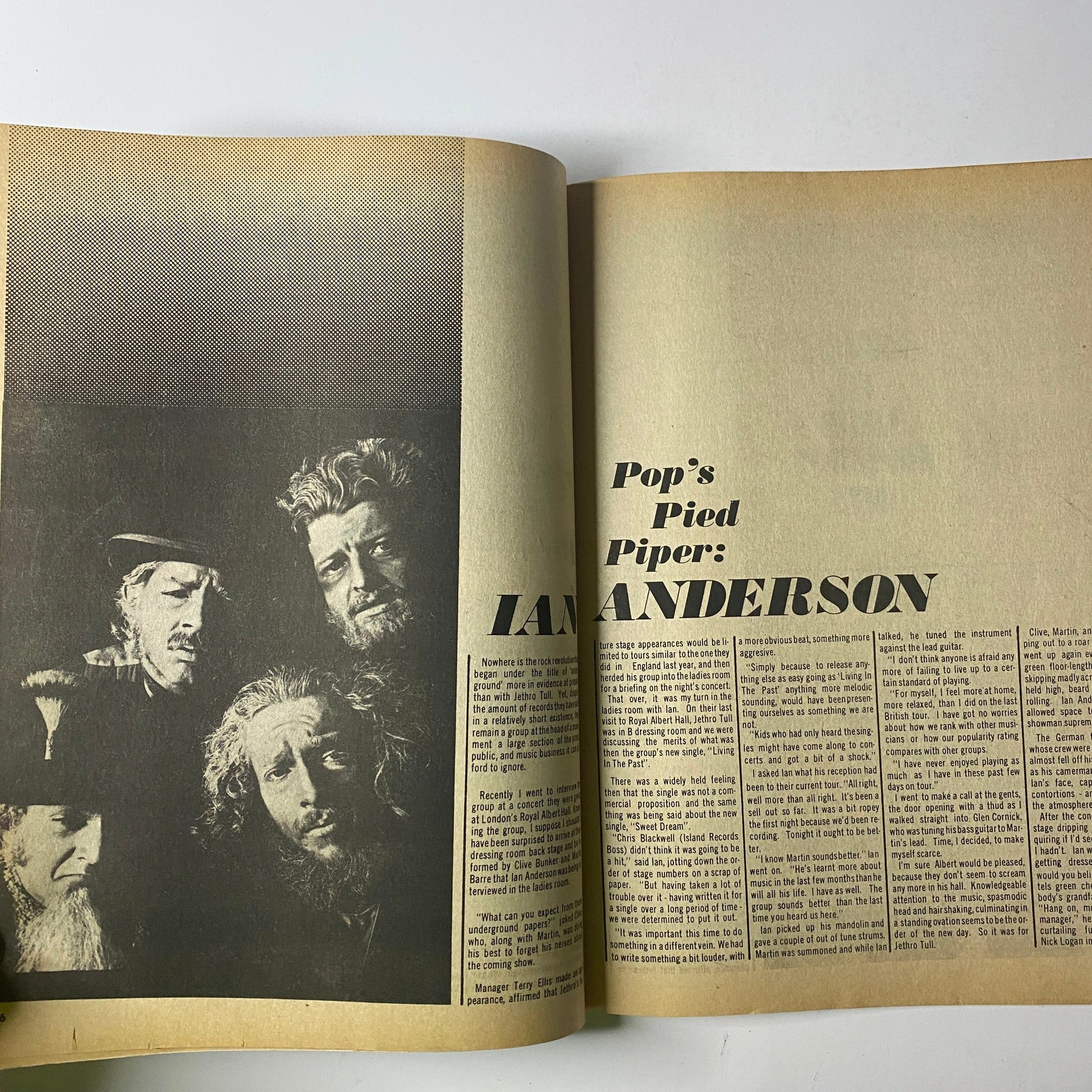 Spread from Hit Parader Magazine May 1970 featuring an article on Ian Anderson, Pop's Pied Piper, illustrated with dramatic black and white photography of artists.