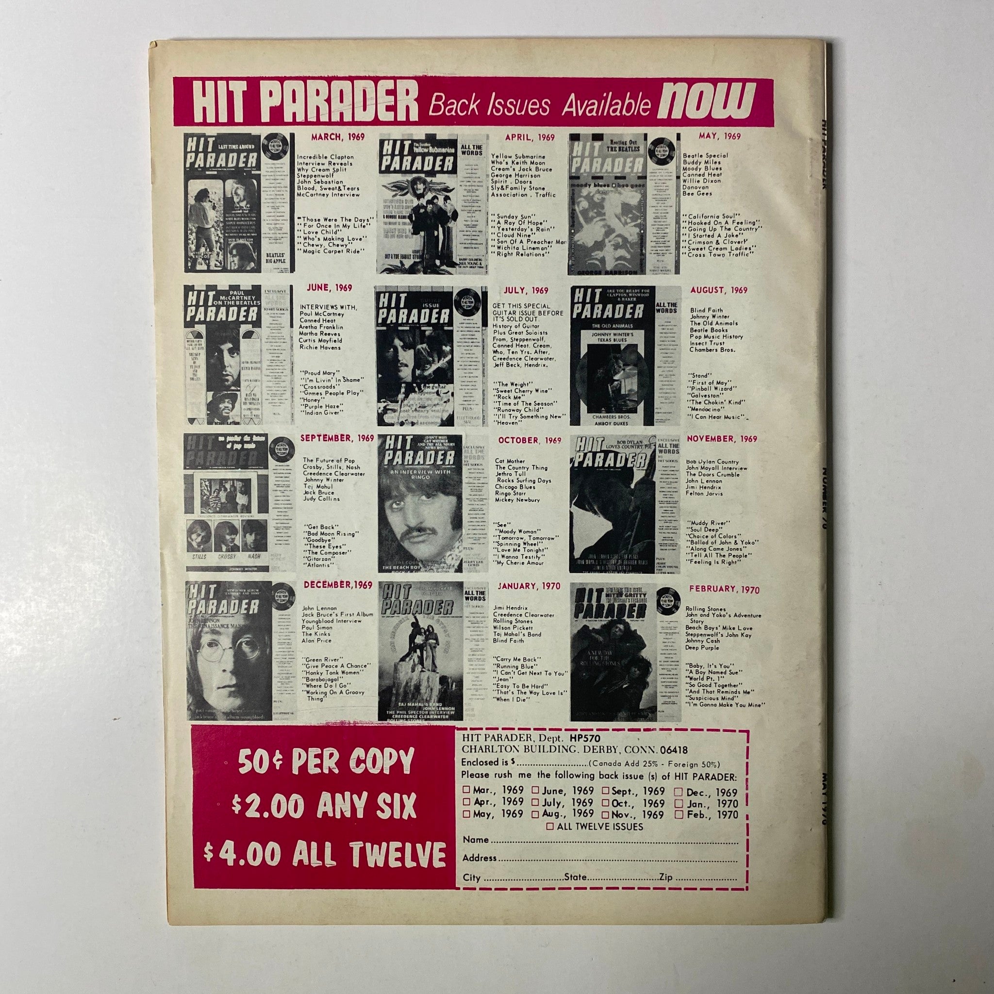 Back cover of Hit Parader Magazine May 1970 showcasing advertisements and listings for previous magazine issues, highlighting availability of back issues.