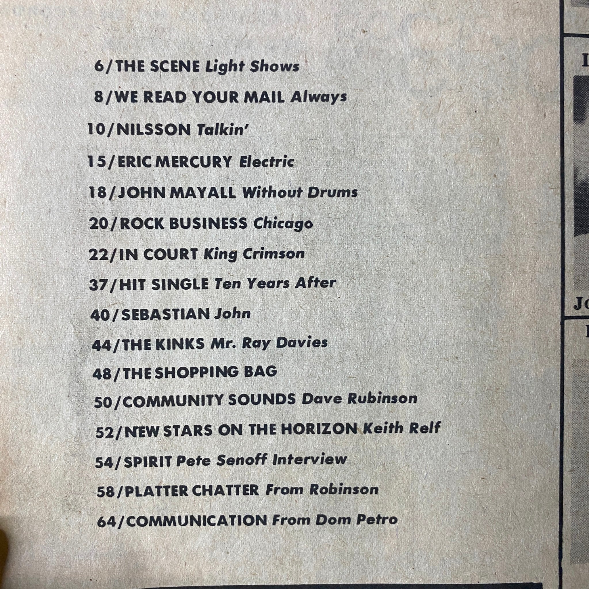 Hit Parader Magazine June 1970 contents page listing articles including The Kinks, Nilsson, and Eric Mercury.