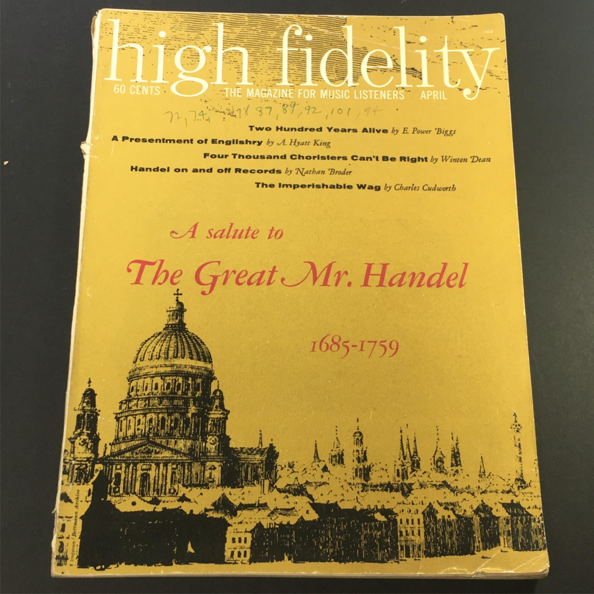 VTG High Fidelity Music Magazine April 1959 - A Salute To The Great Mr. Handel