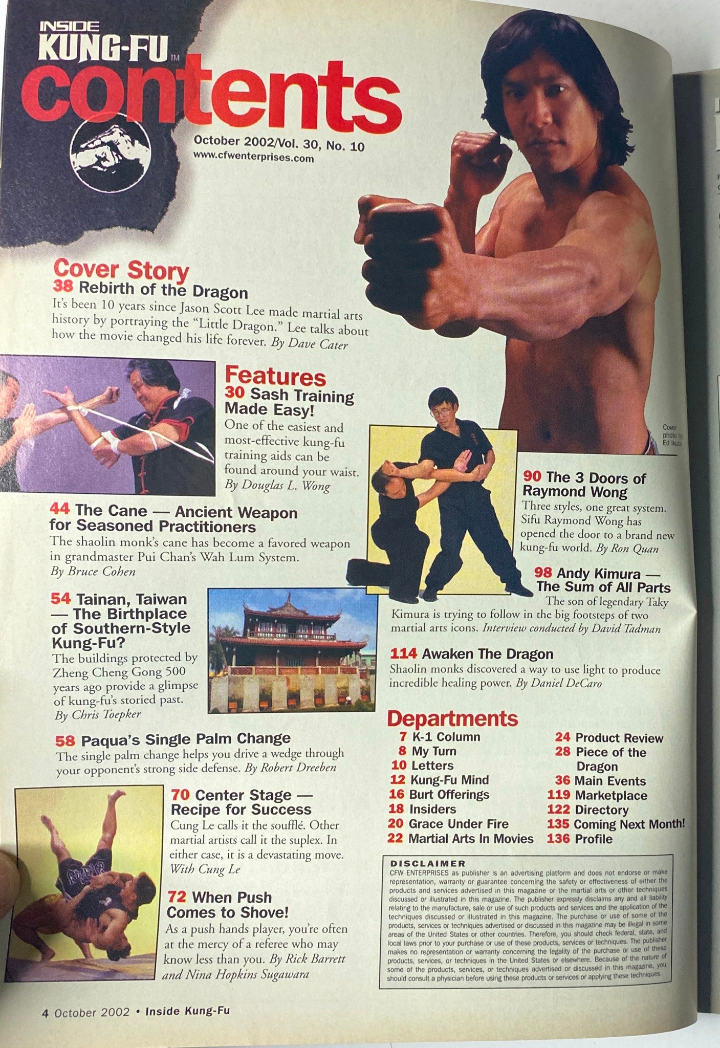 Inside Kung Fu Magazine October 2002, Contents page featuring articles including 'Rebirth of the Dragon' and 'The Cane – Ancient Weapon for Seasoned Practitioners'.