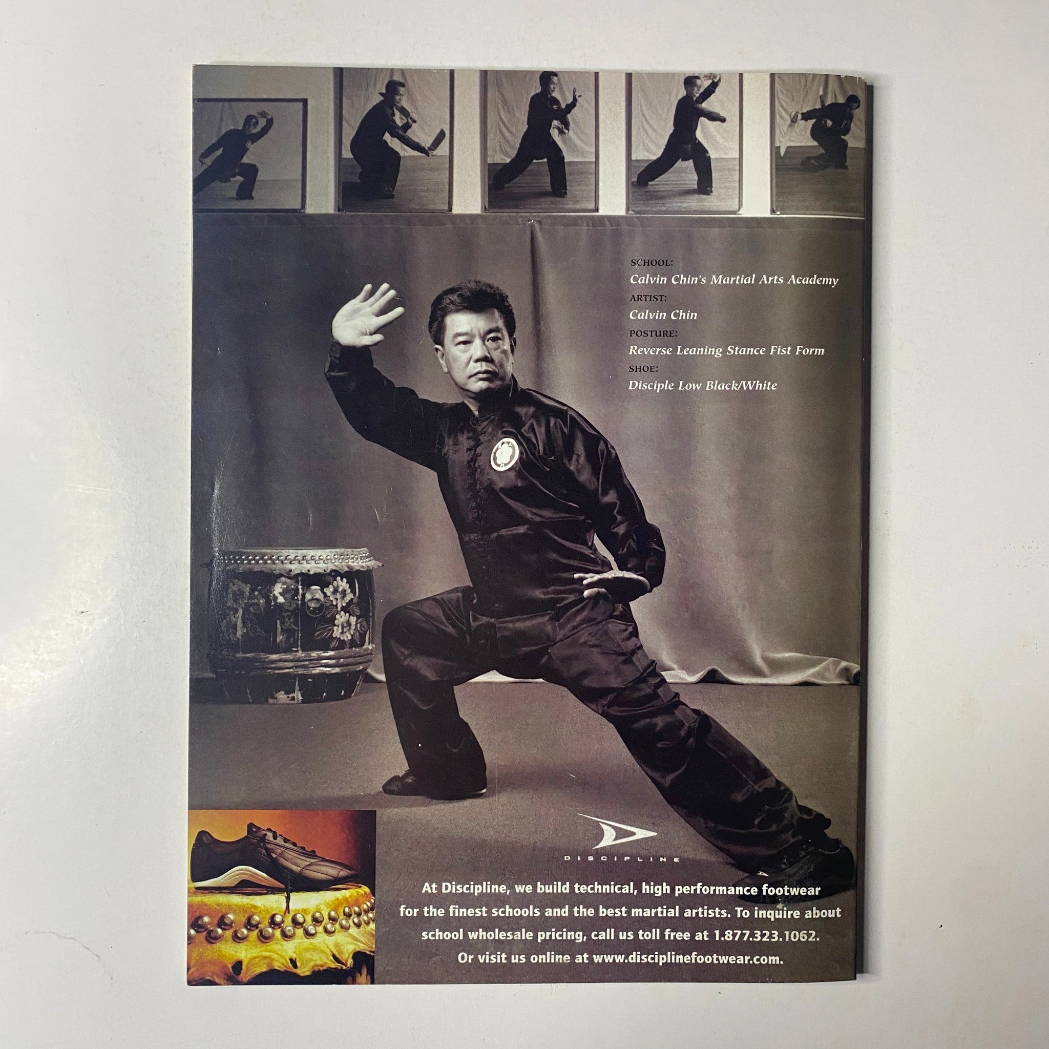 Inside Kung Fu Magazine October 2002, featuring a promotional page for Discipline footwear with a focus on technical and performance gear for martial artists.