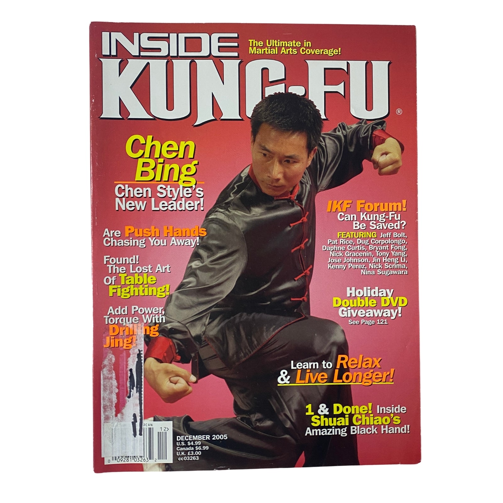 Cover of Inside Kung Fu Magazine, December 2005, featuring Chen Bing, showcasing traditional Chen-style tai chi with headlines about push hands training and the importance of relaxation techniques in martial arts.