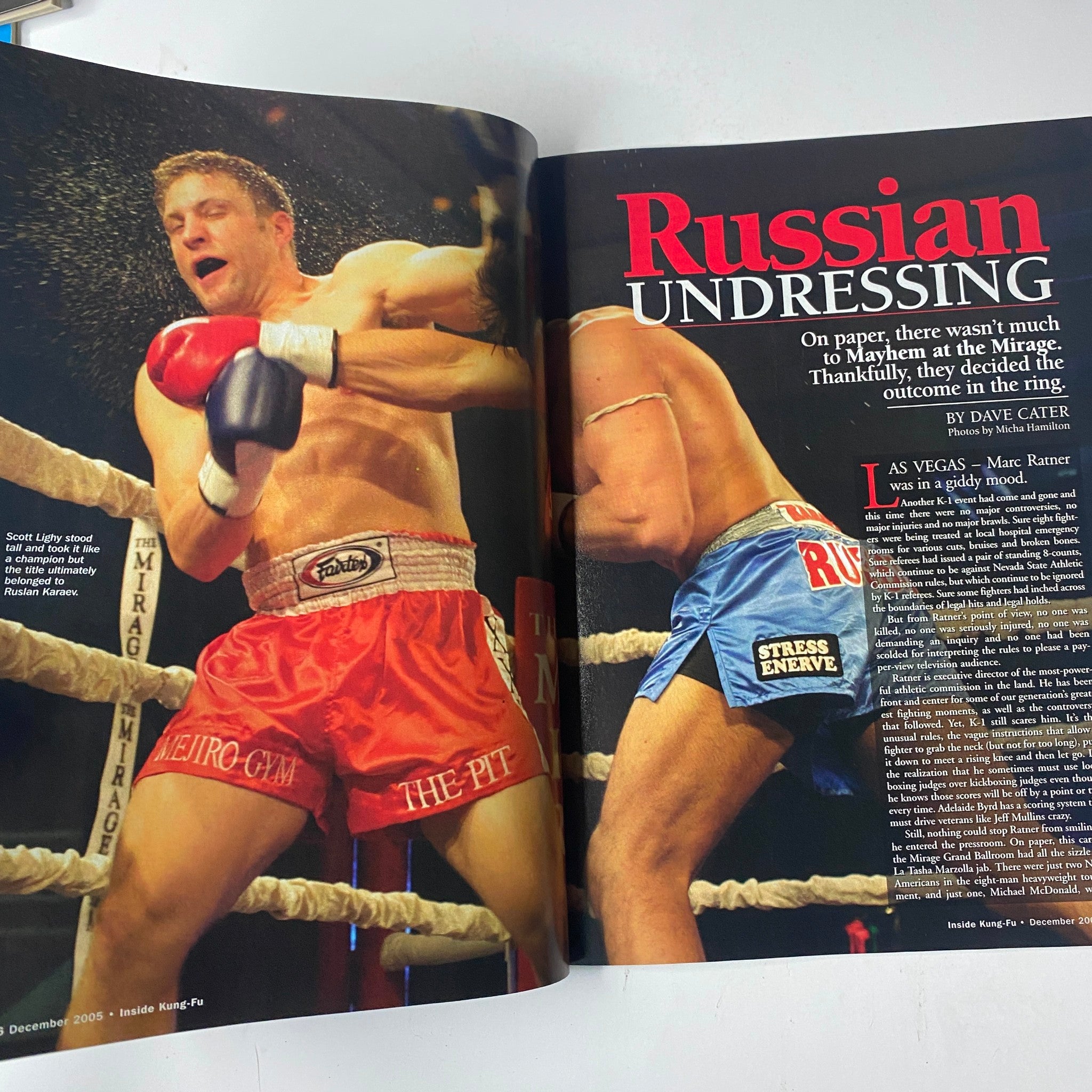 Inside Kung Fu Magazine December 2005 article 'Russian Undressing' showcasing a boxing match scene with fighters in action, featured in Vol. 33, No. 12.