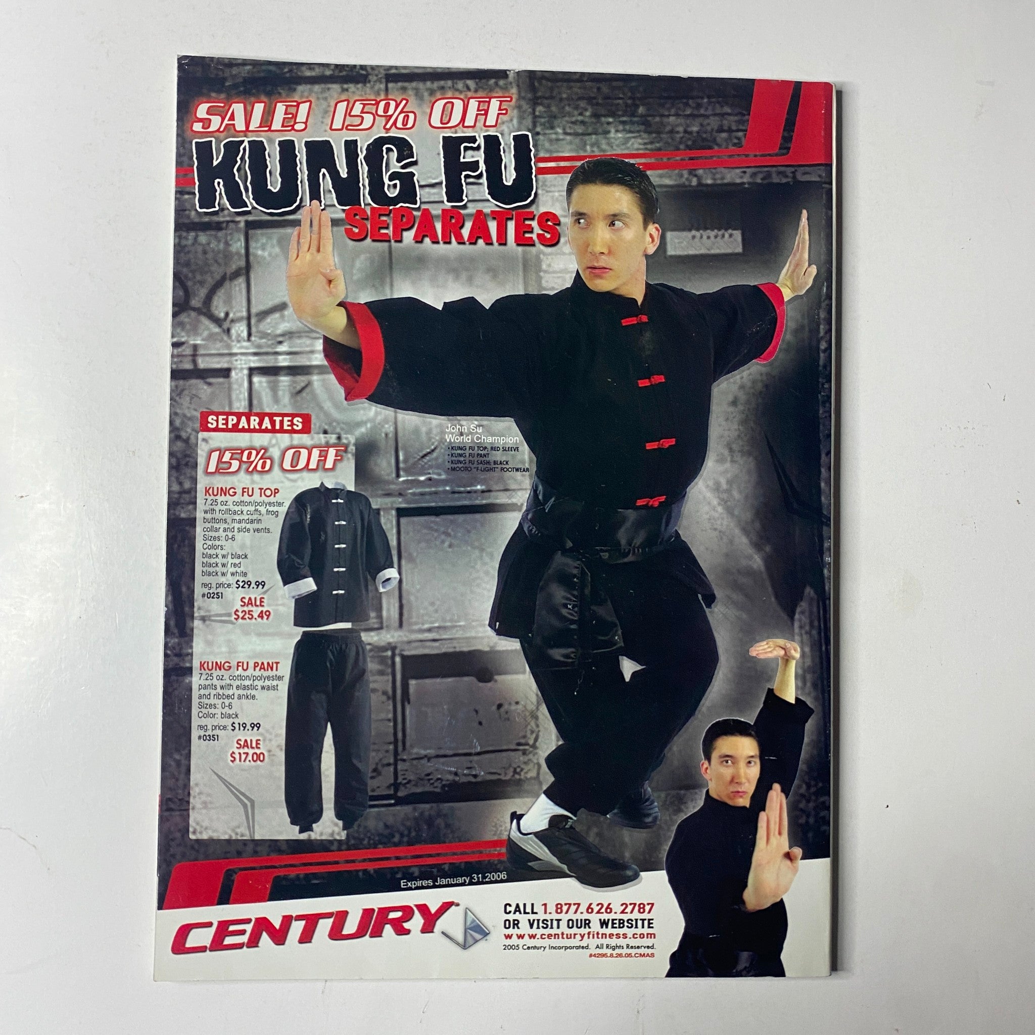 Inside Kung Fu Magazine December 2005 advertisement for Kung Fu separates with a model demonstrating martial arts attire, featured in Vol. 33, No. 12.
