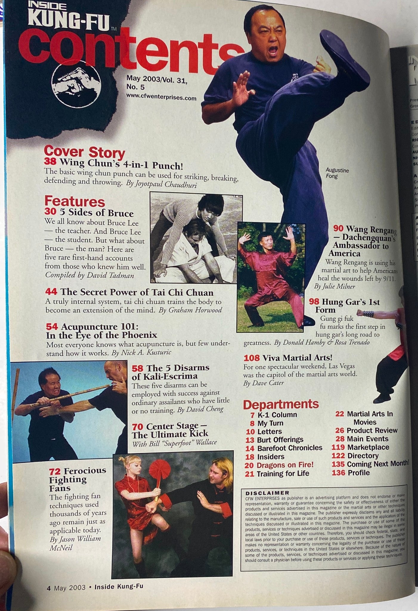 Table of contents from Inside Kung Fu Magazine May 2003, Vol. 31, No. 5, outlining featured articles including Wing Chun's 4-in-1 Punch, profiles on Bruce Lee, and sections on Tai Chi Chuan, disarming techniques, and more. This issue provides a comprehensive overview of martial arts topics.