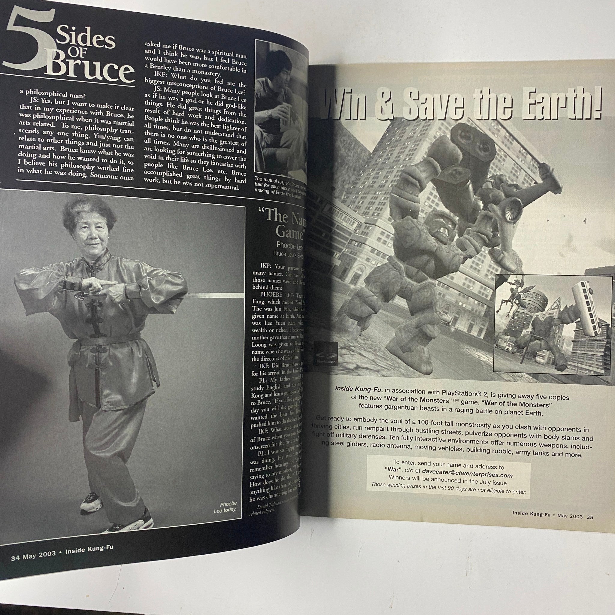 Inside Kung Fu Magazine May 2003 Vol. 31, No. 5 featuring the article '5 Sides of Bruce' with personal accounts of Bruce Lee. A page spread including martial artist and historical imagery reflecting martial arts culture.