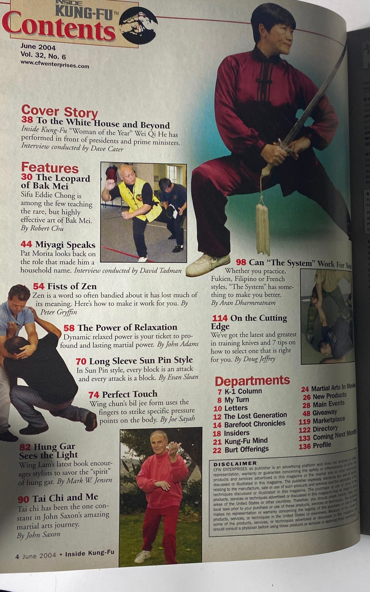 Contents page of Inside Kung Fu Magazine June 2004 Vol. 32, No. 6, showcasing featured articles including 'The Leopard of Bak Mei', 'Miyagi Speaks', and 'The Power of Relaxation'.