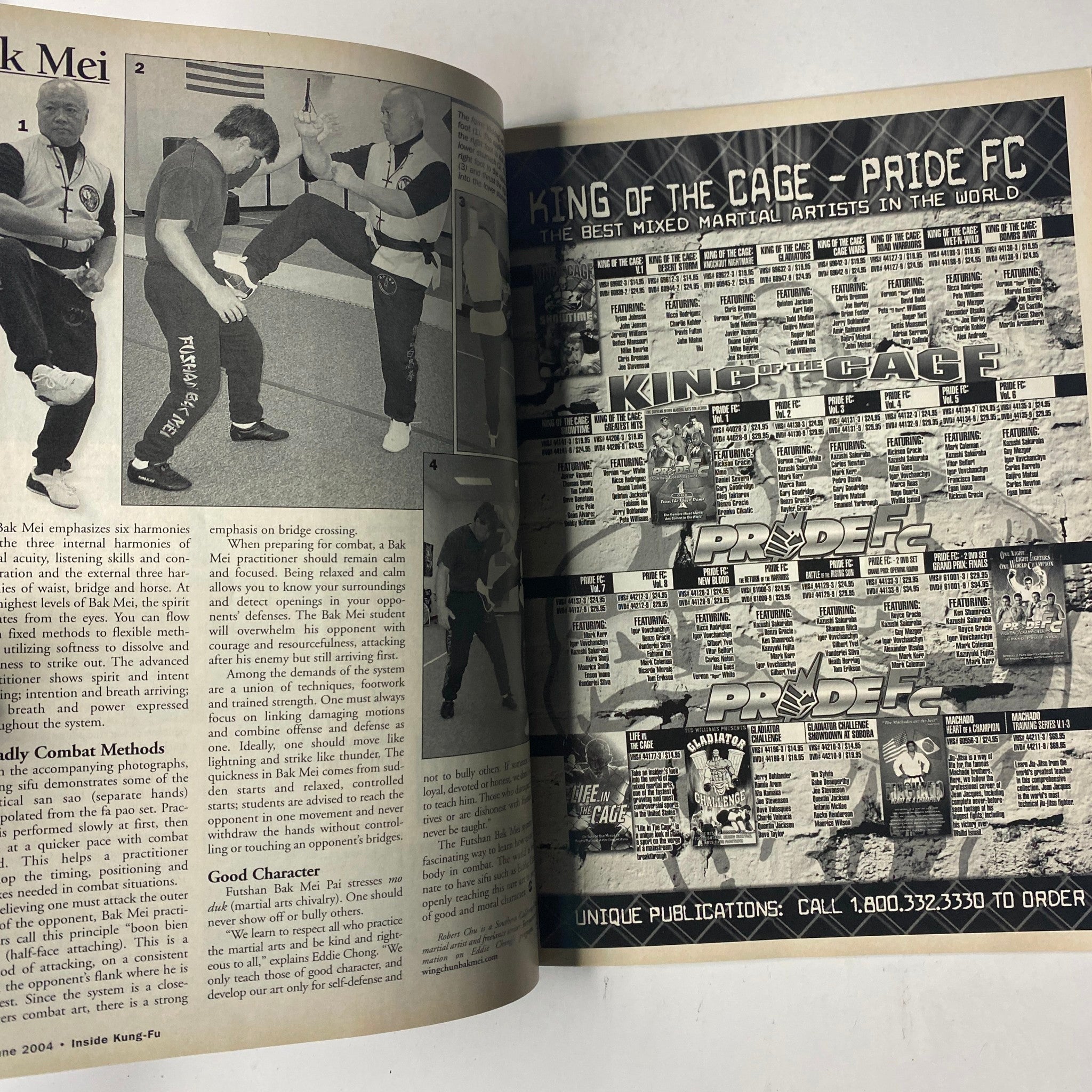 An interior page of Inside Kung Fu Magazine June 2004 Vol. 32, No. 6 discussing various combat methods and a promotional graphic related to martial arts tournaments.
