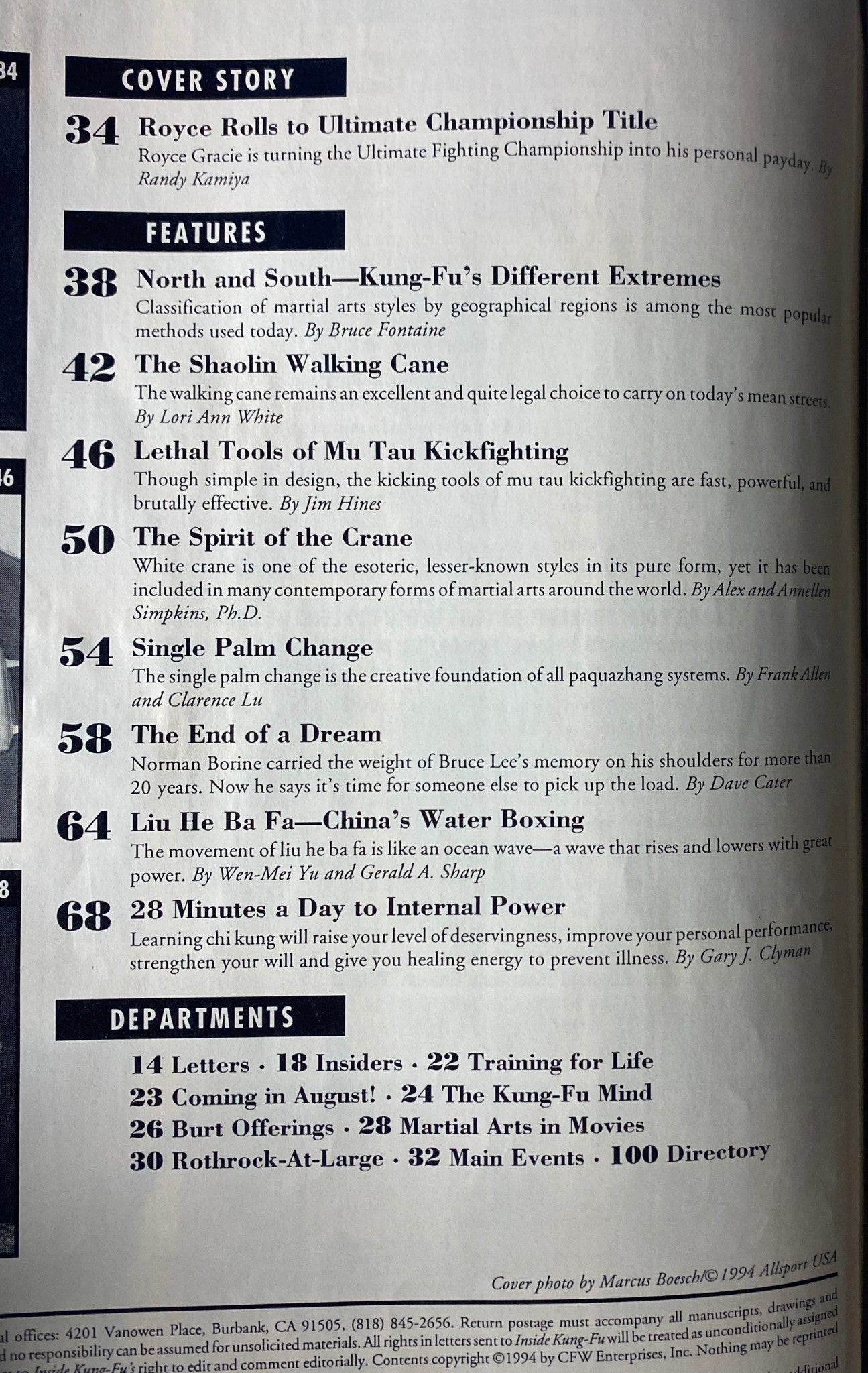 Table of contents page from Inside Kung Fu Magazine July 1994 listing the featured articles, including Royce Gracie's cover story and topics on various martial arts styles.