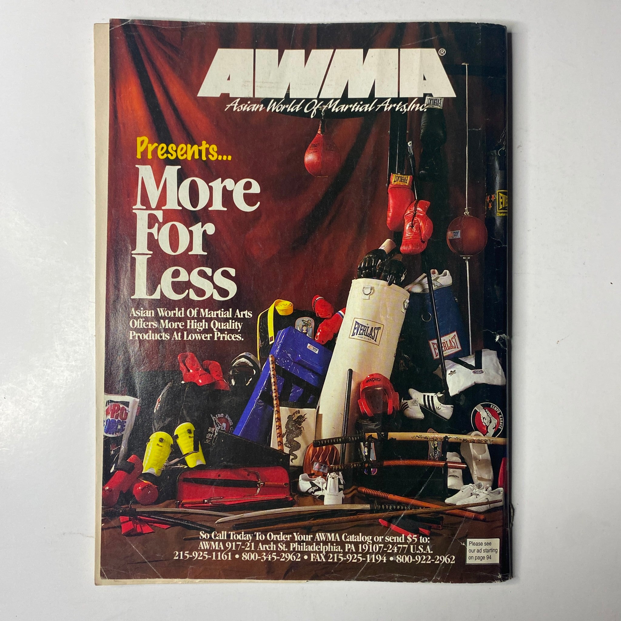 Inside Kung Fu Magazine July 1994 Vol 21, Num 7 featuring martial arts equipment, showcasing the interior promotional material in good condition, ideal for collectors and enthusiasts.