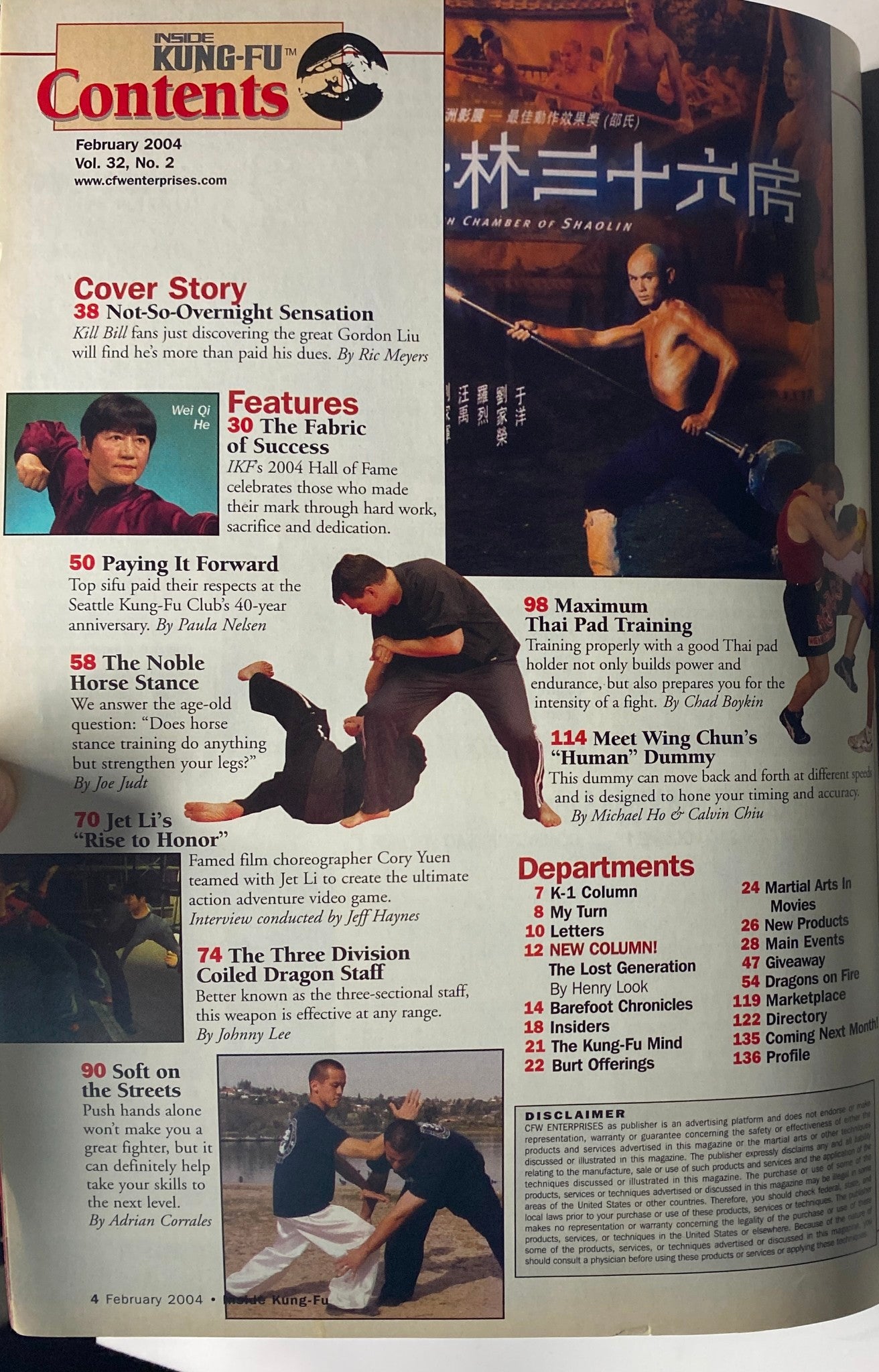 Table of contents for Inside Kung Fu Magazine February 2004 Vol 32, Num 2, listing feature articles including 'Not-So-Overnight Sensation' and 'Paying It Forward'.