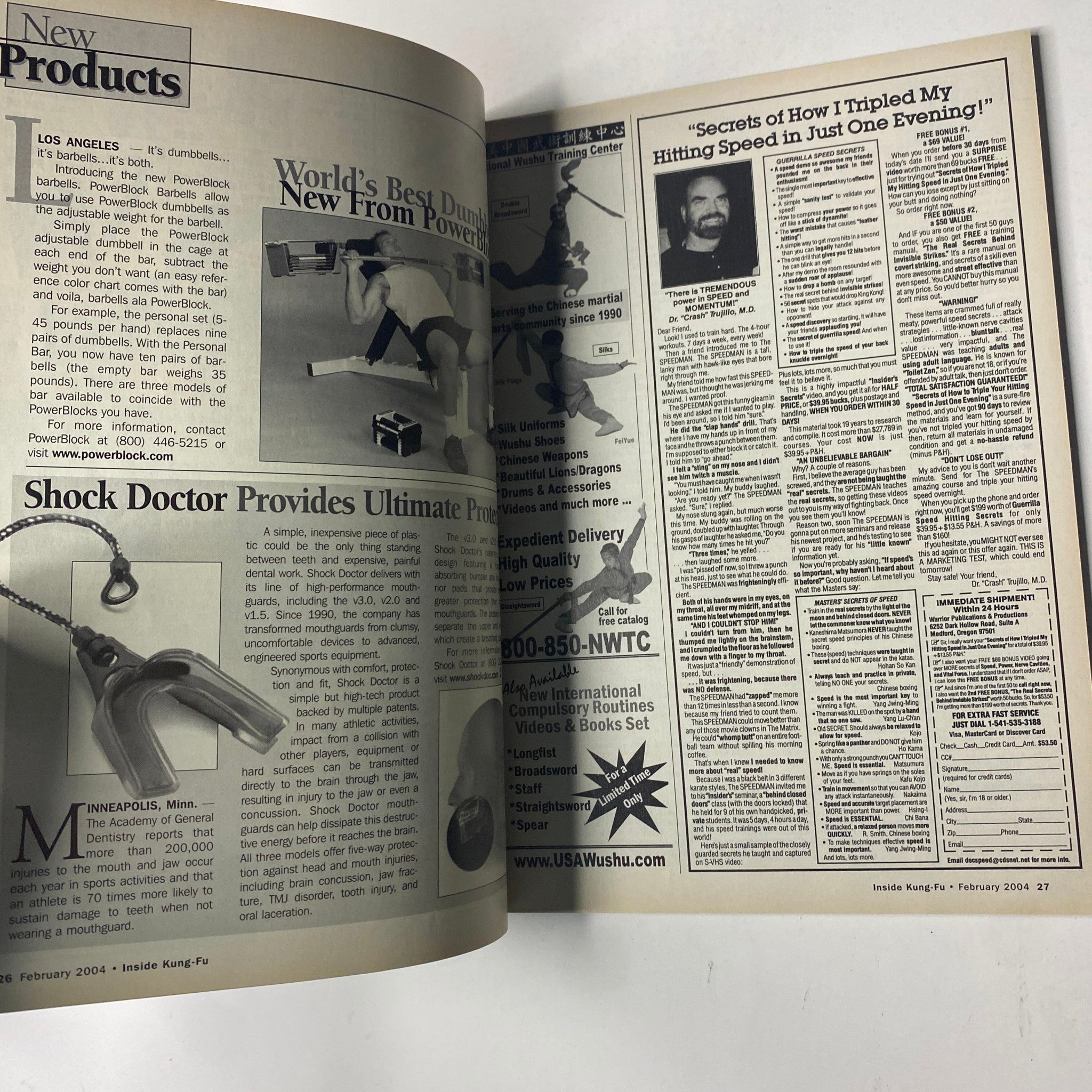 Inside spread of Inside Kung Fu Magazine February 2004, displaying advertisements and articles, showcasing content about martial arts training products.