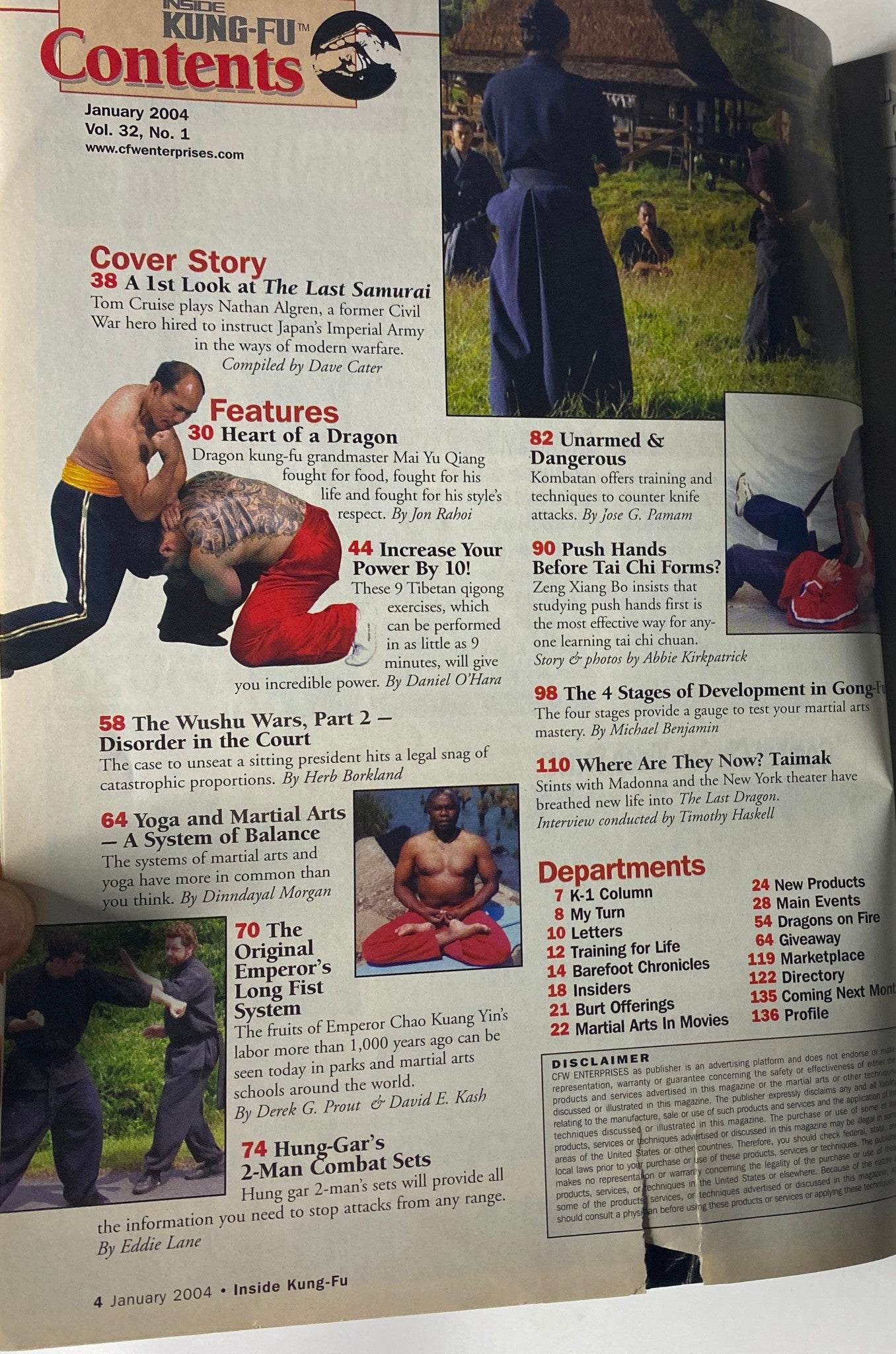 Contents page of Inside Kung Fu Magazine, January 2004, Vol 32, detailing features and articles including The Last Samurai and Wushu Wars.