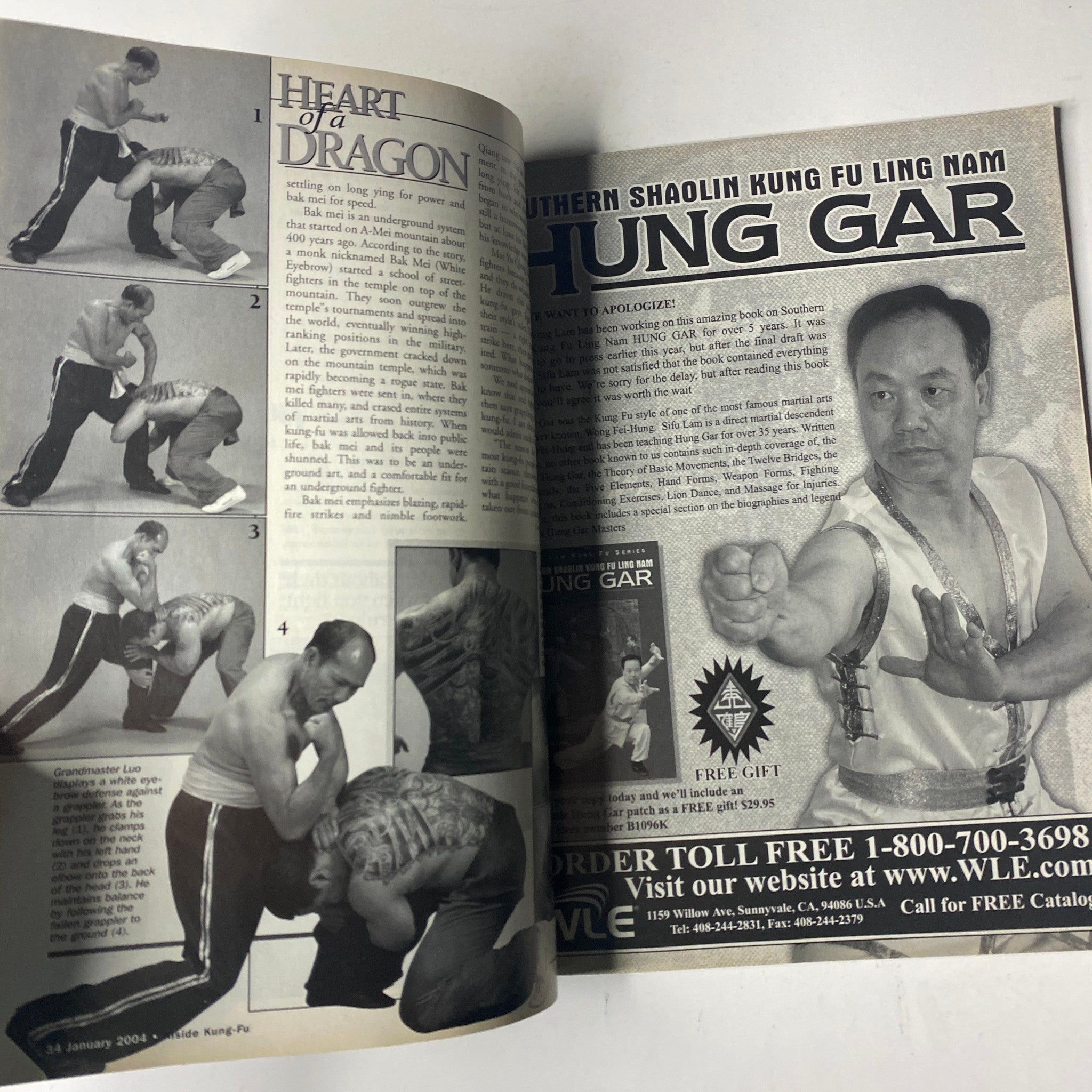 Interior page from Inside Kung Fu Magazine, January 2004, showcasing an article titled 'Heart of a Dragon' with illustrated martial arts techniques.