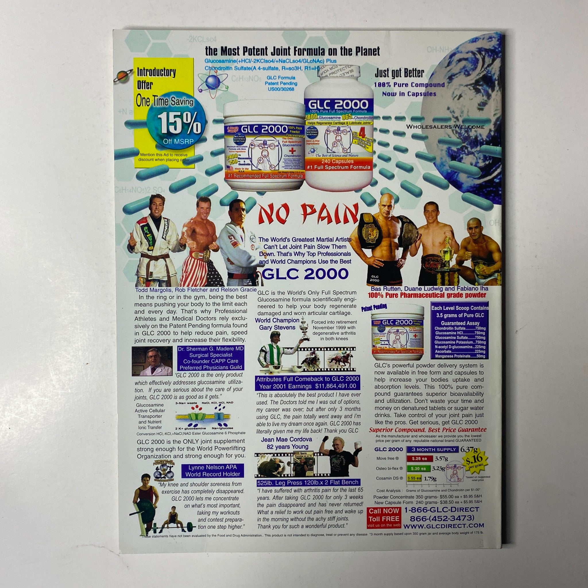 Back cover of Inside Kung Fu Magazine January 2004 featuring promotional content for GLC 2000. Includes images of martial artists and a brief introduction to the product, emphasizing its benefits for martial artists and athletes. This issue highlights Tom Cruise on the cover, linking to The Last Samurai.
