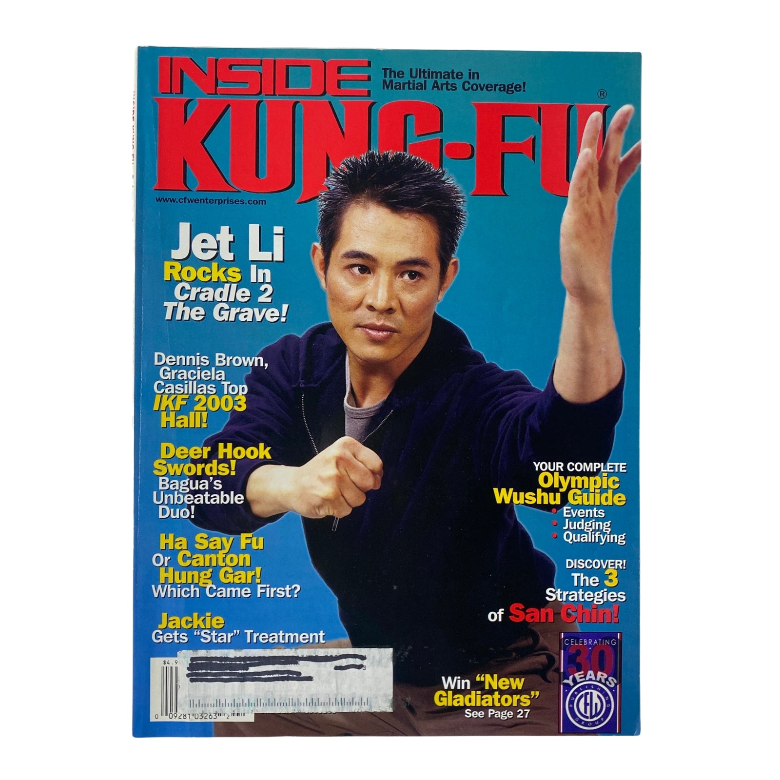 Inside Kung Fu Magazine cover from February 2003, featuring Jet Li in action pose, highlighting his insights on martial arts and cinema.