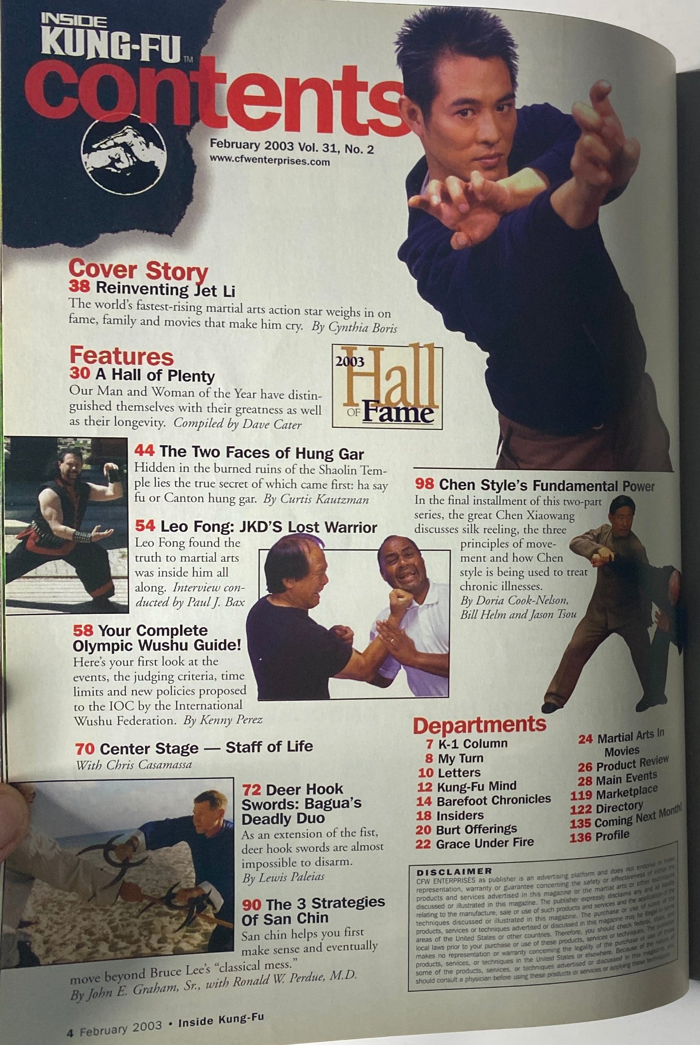 Contents page of Inside Kung Fu Magazine February 2003, detailing features including the Hall of Fame and articles on Jet Li and other martial arts topics.
