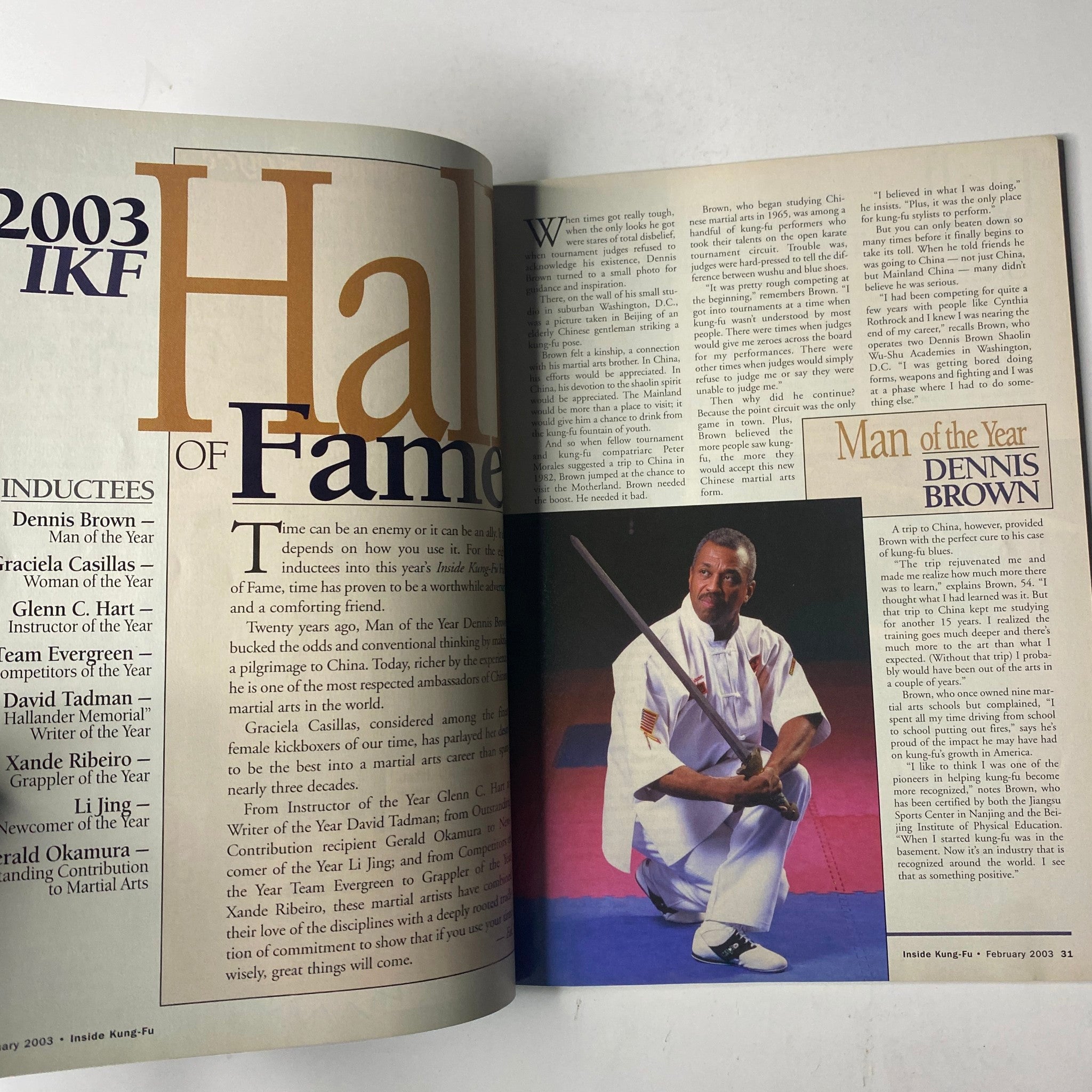Feature article from Inside Kung Fu Magazine February 2003, showcasing Dennis Brown, the 2003 Man of the Year, with image and information on his contributions to martial arts.