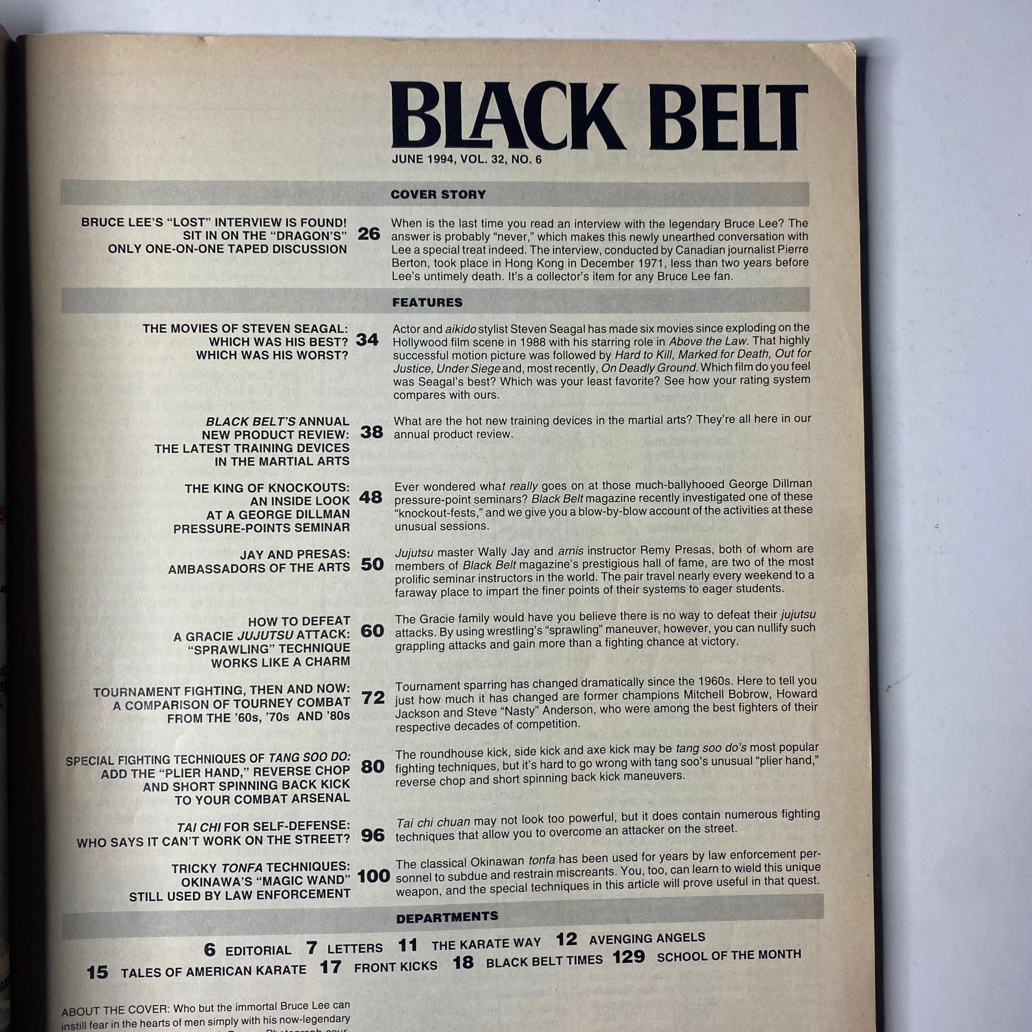 Interior page from Black Belt Magazine June 1994 Vol. 32, No. 6 showcasing the table of contents with features about Bruce Lee and Steven Seagal.