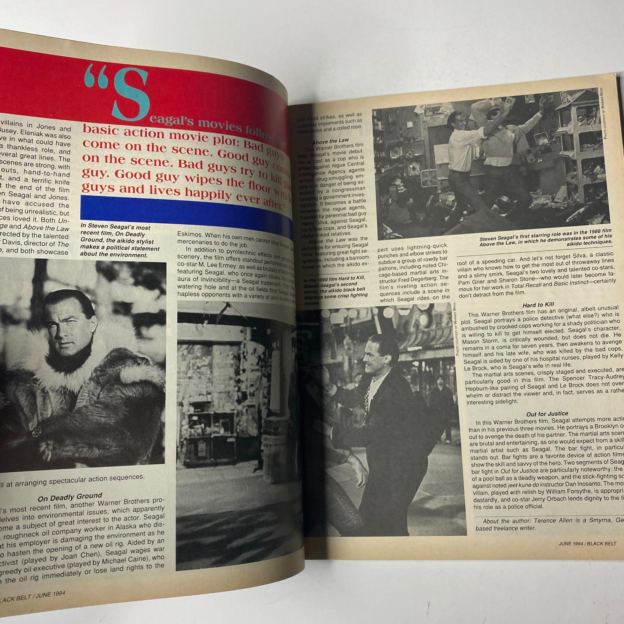 Inside spread of Black Belt Magazine June 1994 Vol. 32, No. 6 presenting an article discussing Steven Seagal's films and action movie techniques.