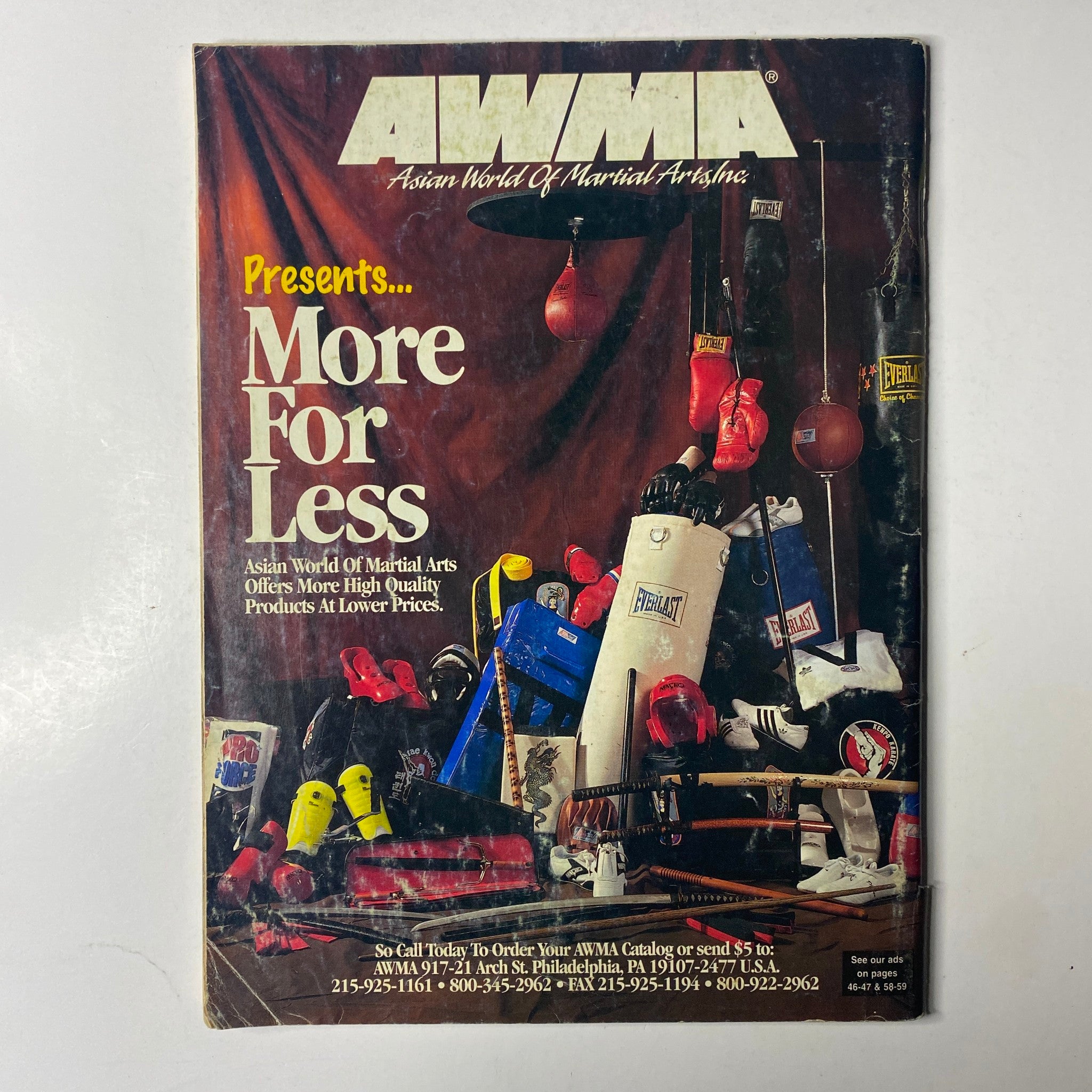 Back cover of Asian World of Martial Arts catalog featuring various martial arts gear, part of the Black Belt Magazine June 1994 Vol. 32, No. 6 collection.